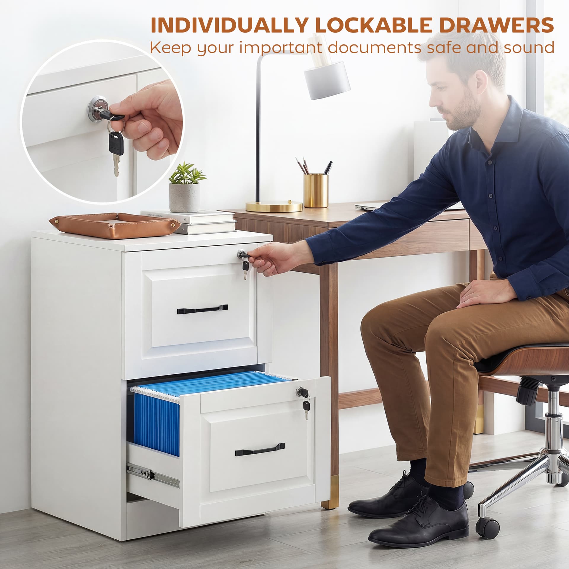 2 Drawer File Cabinet with Lock, Vertical Filing Cabinet with Adjustable Hanging Bars for A4 and Letter Size, White - Office Cabinets & Cupboards - Office Furniture