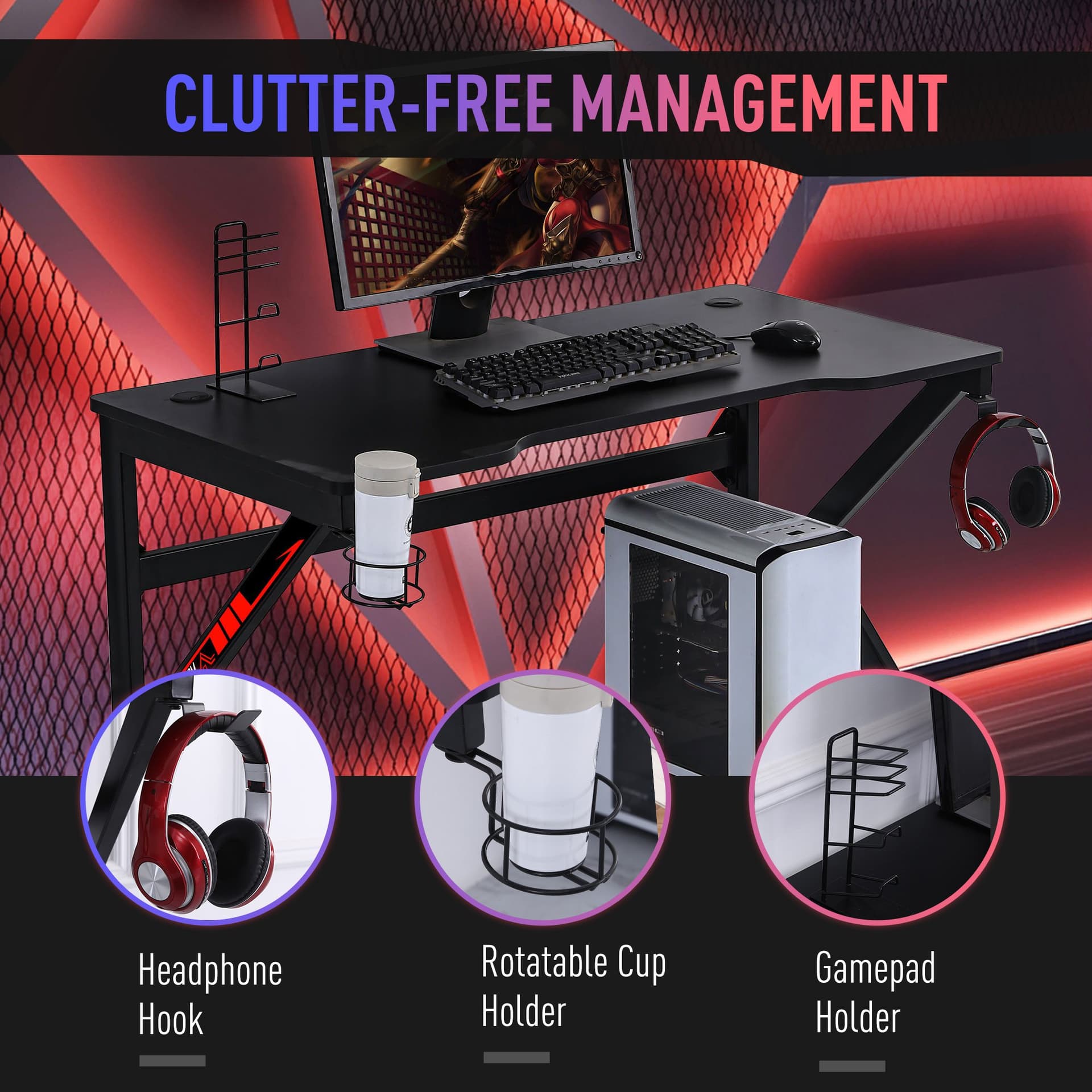HOMCOM Gaming Desk Computer Table Racing Style for E-sport Room Office PC Workstation with Rotatable Cup Holder Foot Peg Headphone Hook Gamepad Stand Wire Port 47.25" x 23.5" x 28.75" Black - Office Products - Office Furniture