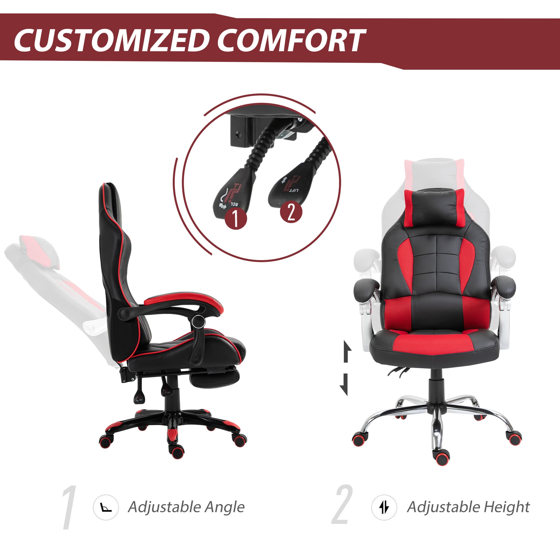 HOMCOM High Back Office Chair, Racing Gaming Chair, Height Adjustable Red - Office Chairs - Office Furniture