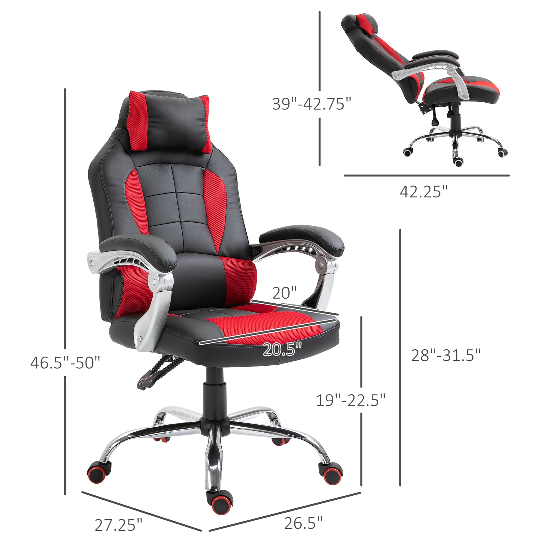 HOMCOM High Back Office Chair, Racing Gaming Chair, Height Adjustable Red - Office Chairs - Office Furniture