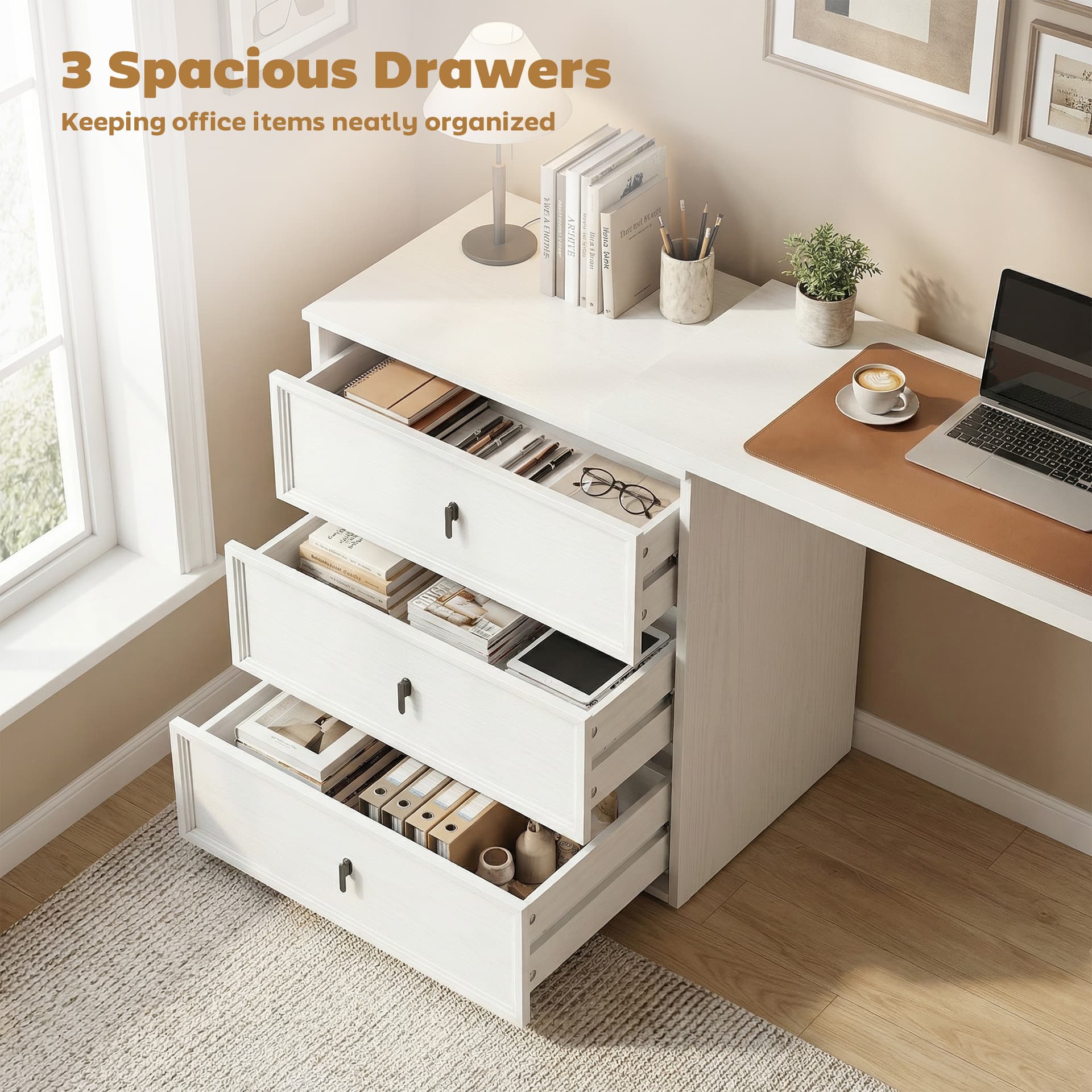 L Shaped Computer Desk Home Office Desk with 3 Drawers White Wood Grain - Computer Desks - Office Furniture
