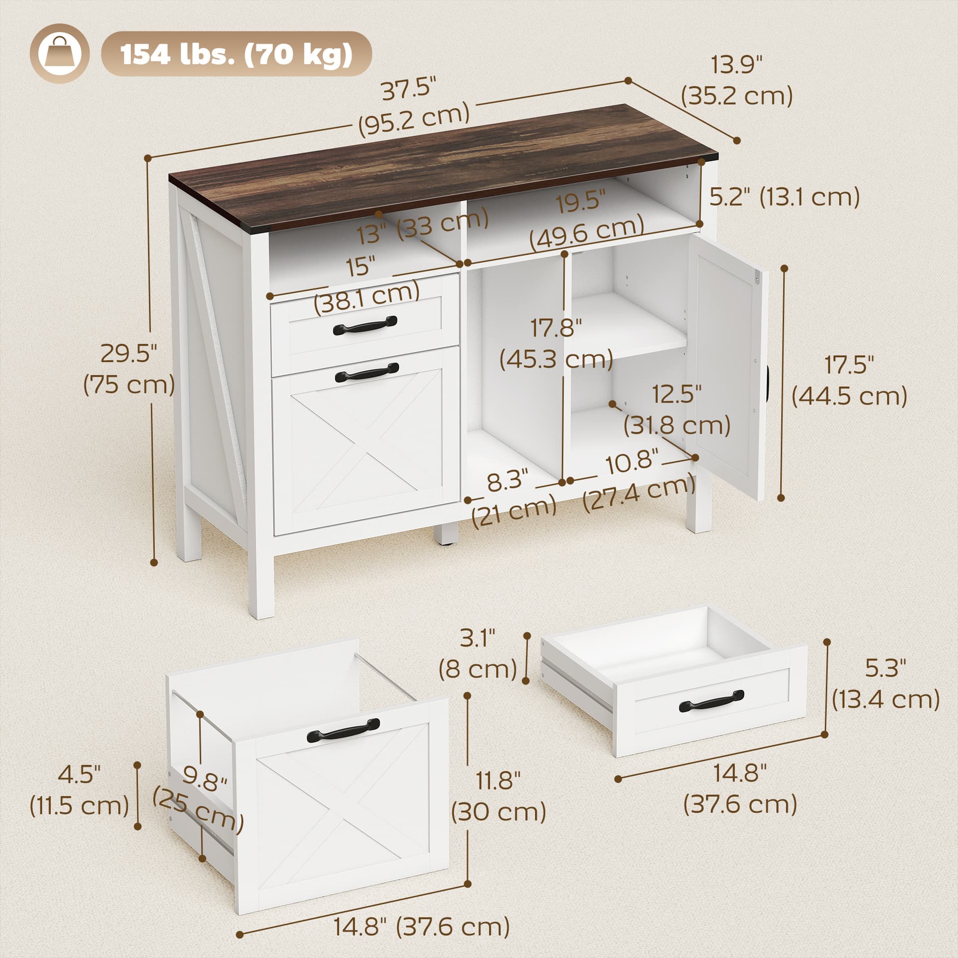 Lateral Filing Cabinet for Letter/A4 Hanging Files, File Cabinet with Open Compartments for Home Office, White - Office Cabinets & Cupboards - Office Furniture