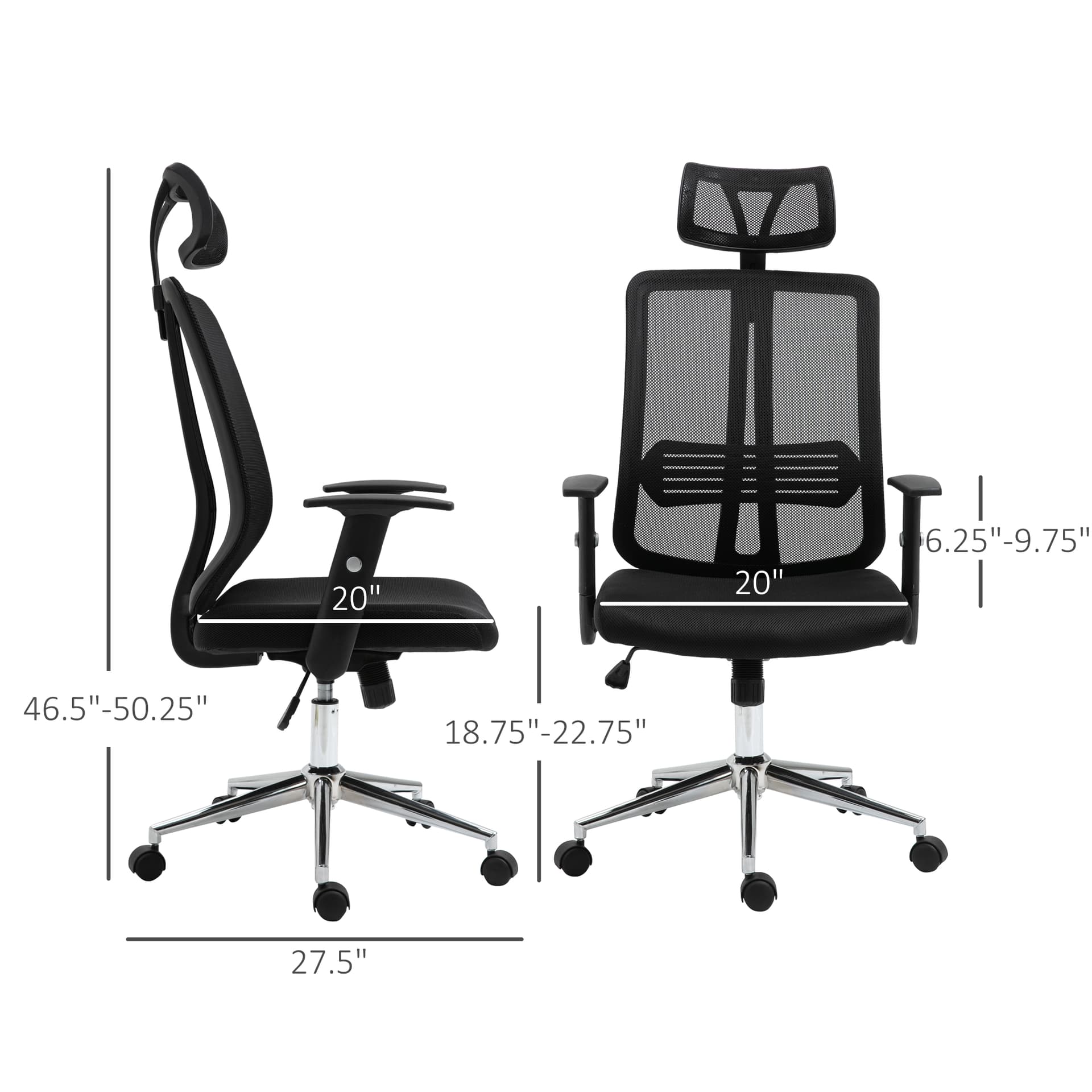 Vinsetto High Back Mesh Chair Office Task Chair with Adjustable Height, Headrest, Arm, Lumbar Back Support, Black - Office Chairs - Office Furniture