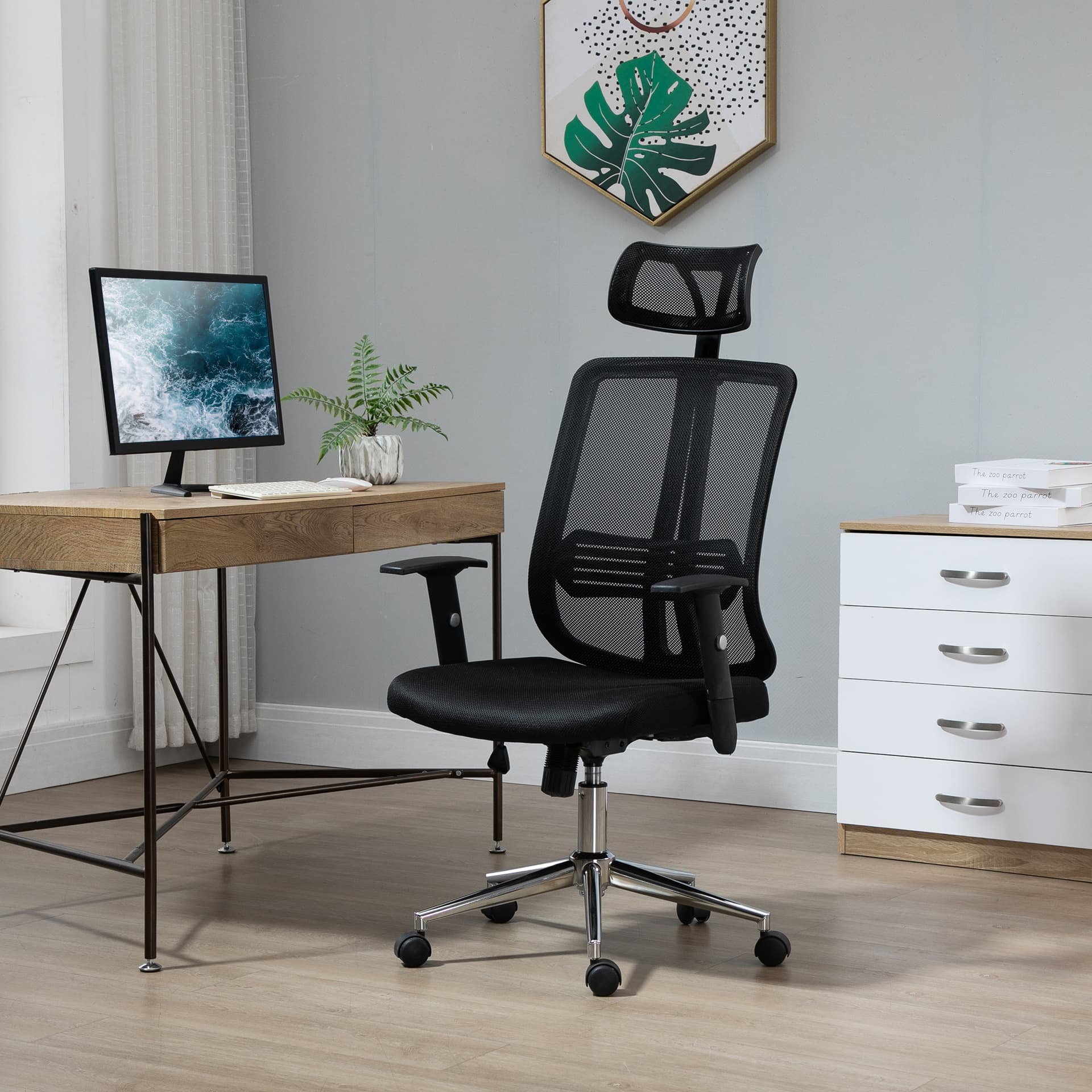 Vinsetto High Back Mesh Chair Office Task Chair with Adjustable Height, Headrest, Arm, Lumbar Back Support, Black - Office Chairs - Office Furniture