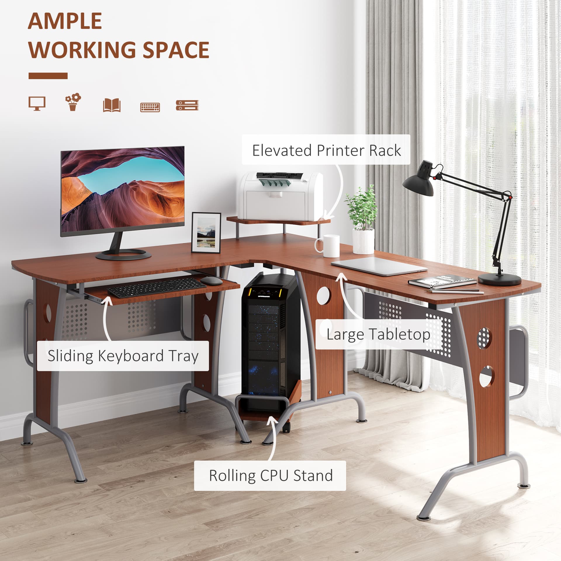 HOMCOM L-Shaped Computer Desk for PC, Corner Table for Small Spaces with Elevated Shelf, Keyboard Tray, CPU Stand, Home Office Workstation, Brown Wood Grain - Desks - Office Furniture