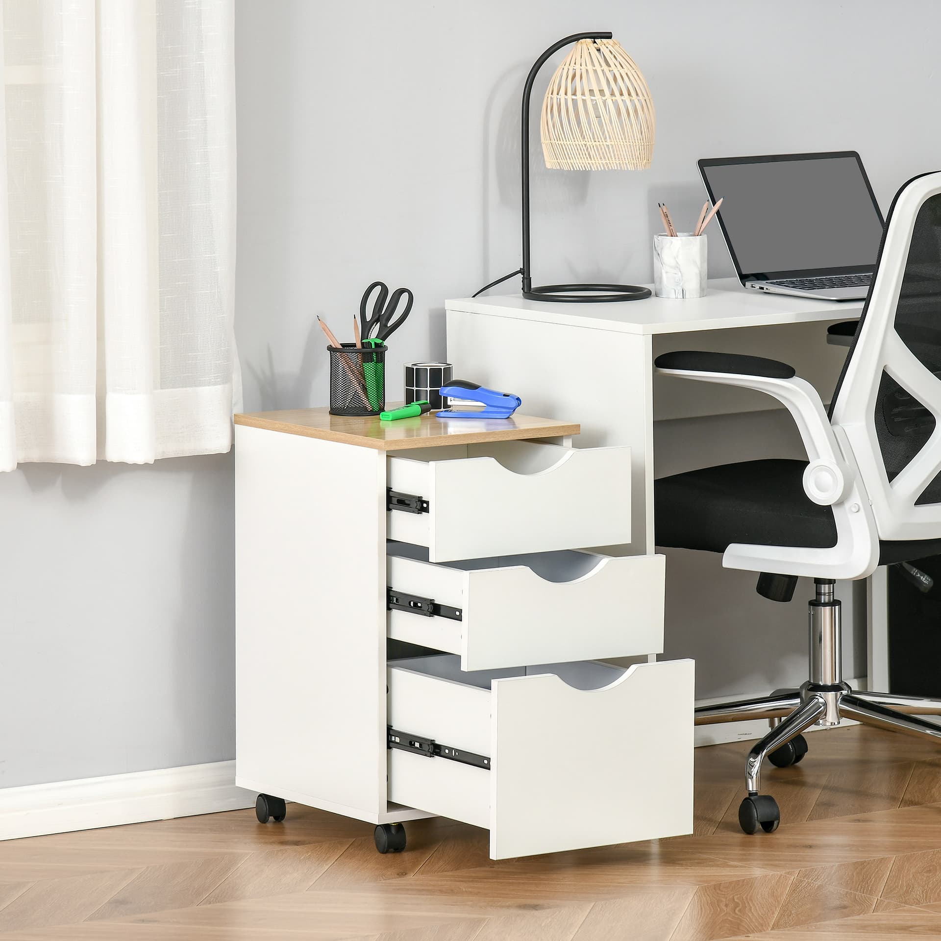 HOMCOM 3-Drawer Storage Cabinet with Wheels for Home Office, White and Natural - Office Products - Office Furniture