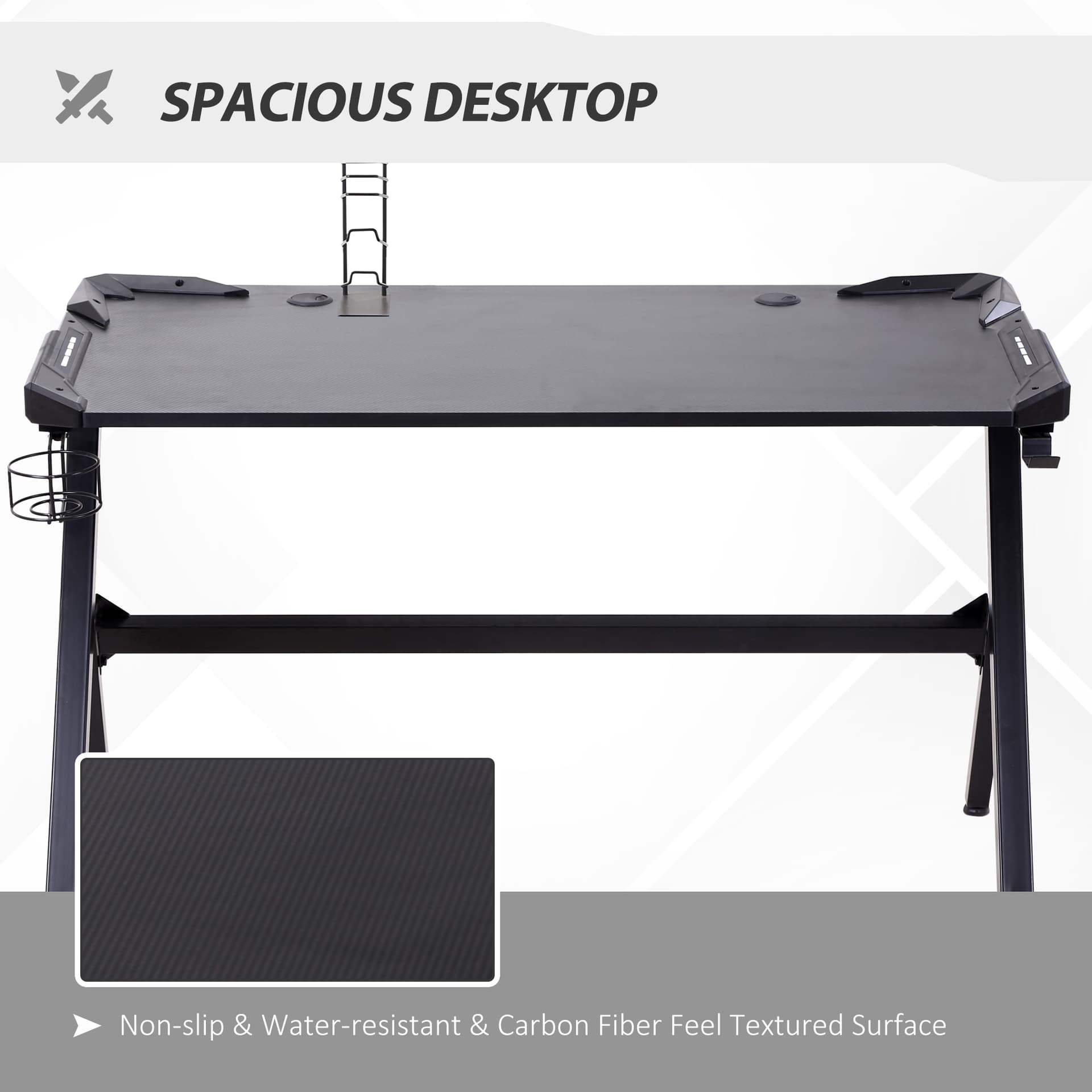 HOMCOM 47.25" Gaming Desk Racing Style Computer Table with LED Light Cup Gamepad Holder Headphone Hook Cable Management E-sport Study Workstation, Black - Office Products - Office Furniture