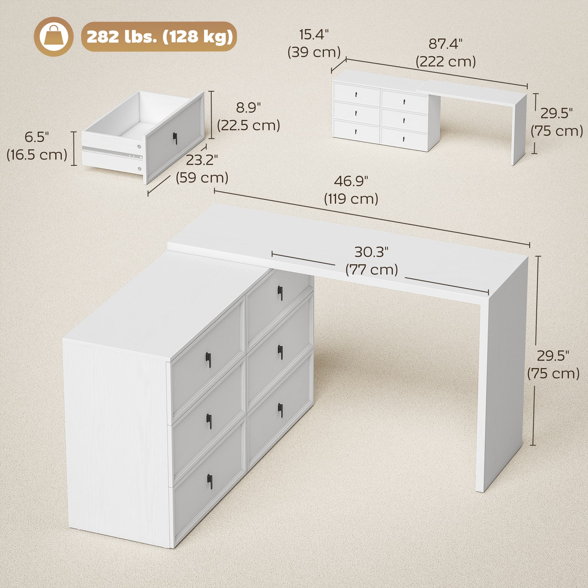 L Shaped Computer Desk Home Office Desk with 6 Drawers White Wood Grain - Computer Desks - Office Furniture