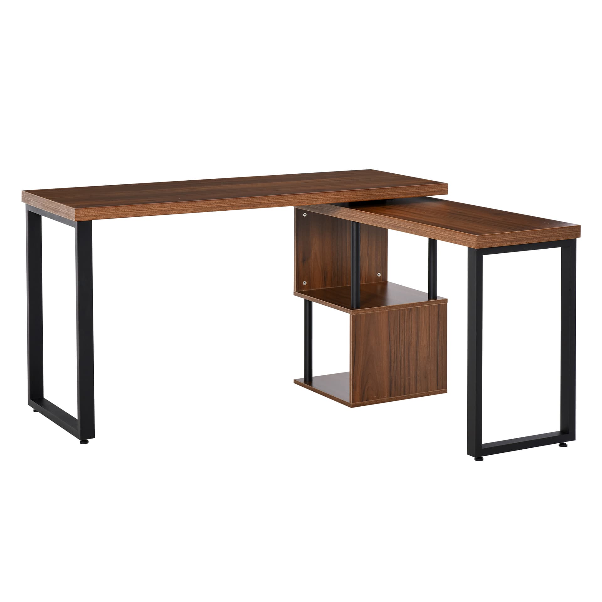 HOMCOM Corner Rotating L-Shaped Office Table Computer Desk with Storage Shelf Brown - Desks - Office Furniture
