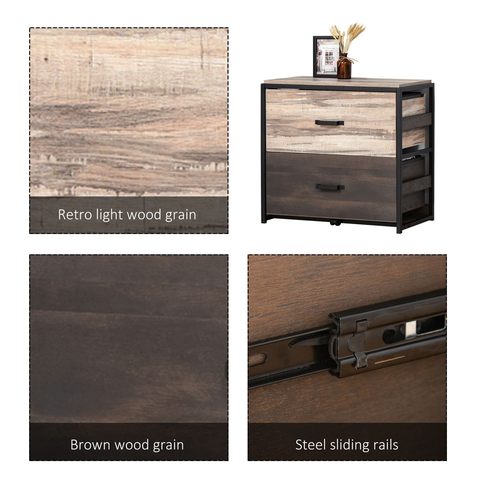 Vinsetto Lateral Filing Cabinet with 2 Drawers, File Cabinet with Hanging Bar, Home Office Organizer for A4 Letter Legal Size - Filing & Storage - Office Furniture