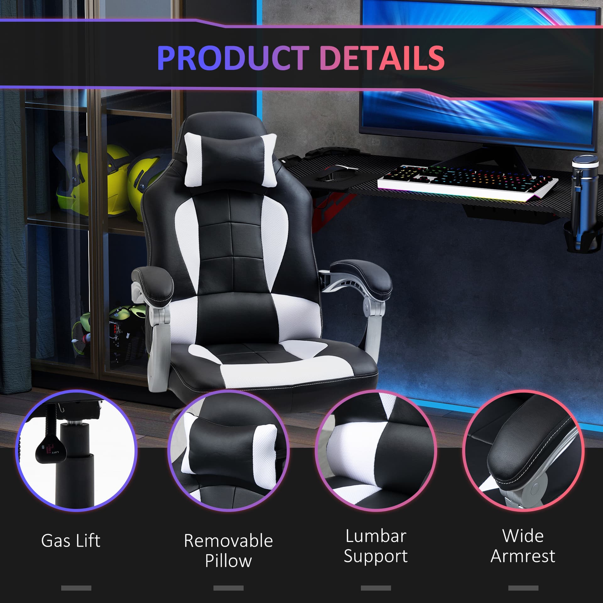 HOMCOM High Back Office Chair, Executive Racing Gaming Chair, Adjustable Recliner with Removable Headrest Pillow for Home, Office, White and Black - Office Products - Office Furniture