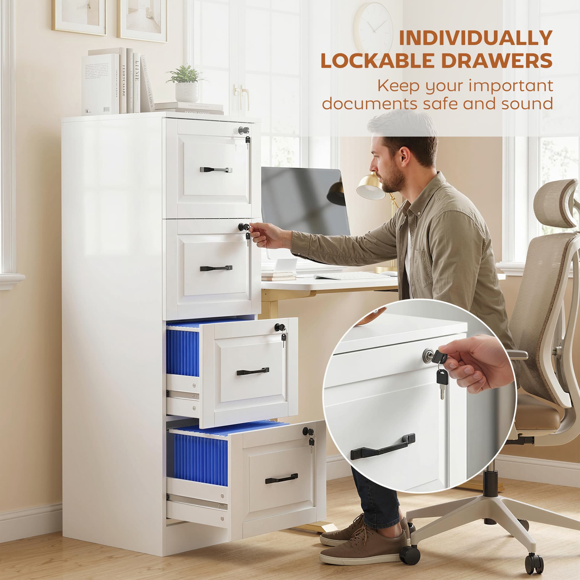 4 Drawer File Cabinet with Lock, Vertical Filing Cabinet with Adjustable Hanging Bars for A4 and Letter Size, White - Office Cabinets & Cupboards - Office Furniture