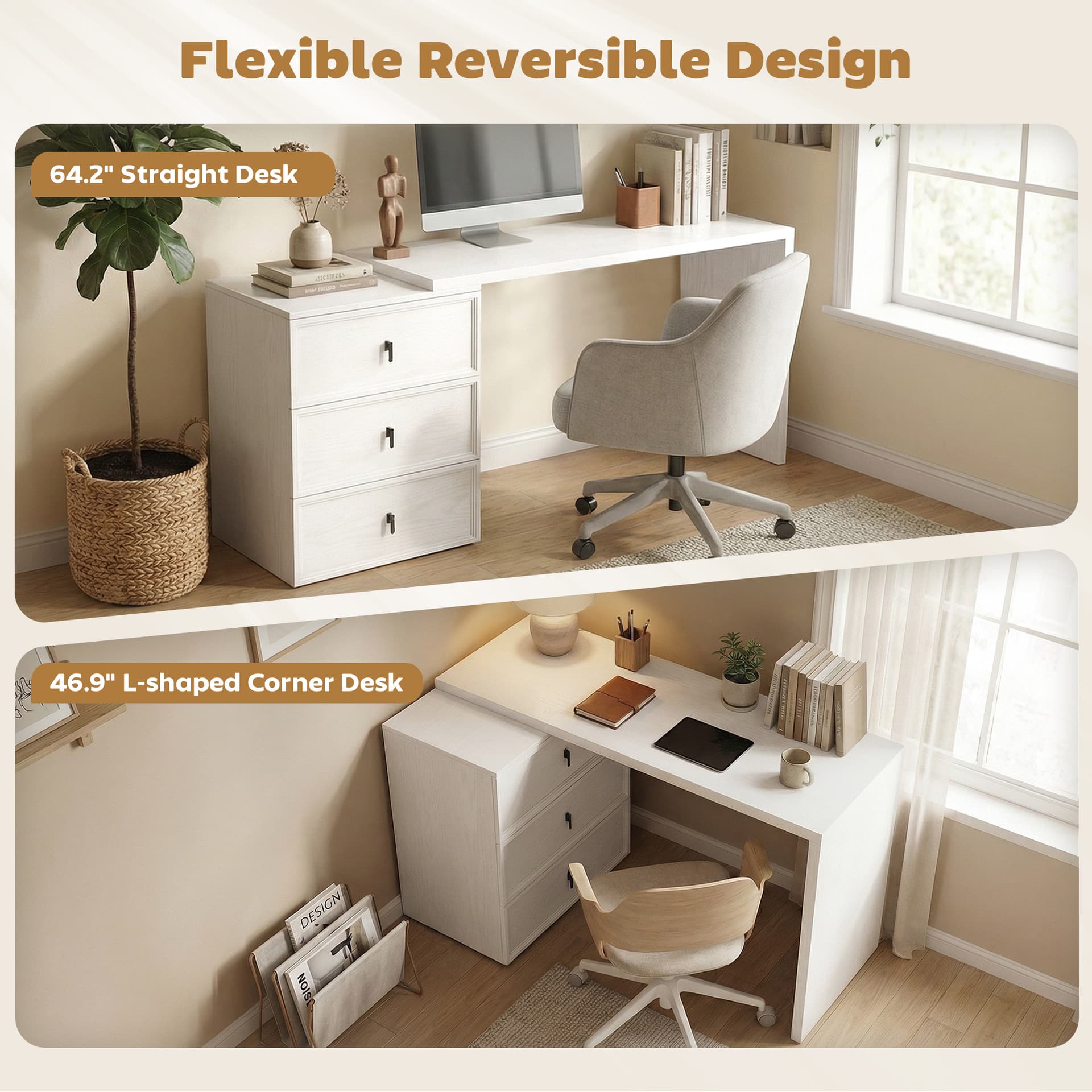 L Shaped Computer Desk Home Office Desk with 3 Drawers White Wood Grain - Computer Desks - Office Furniture