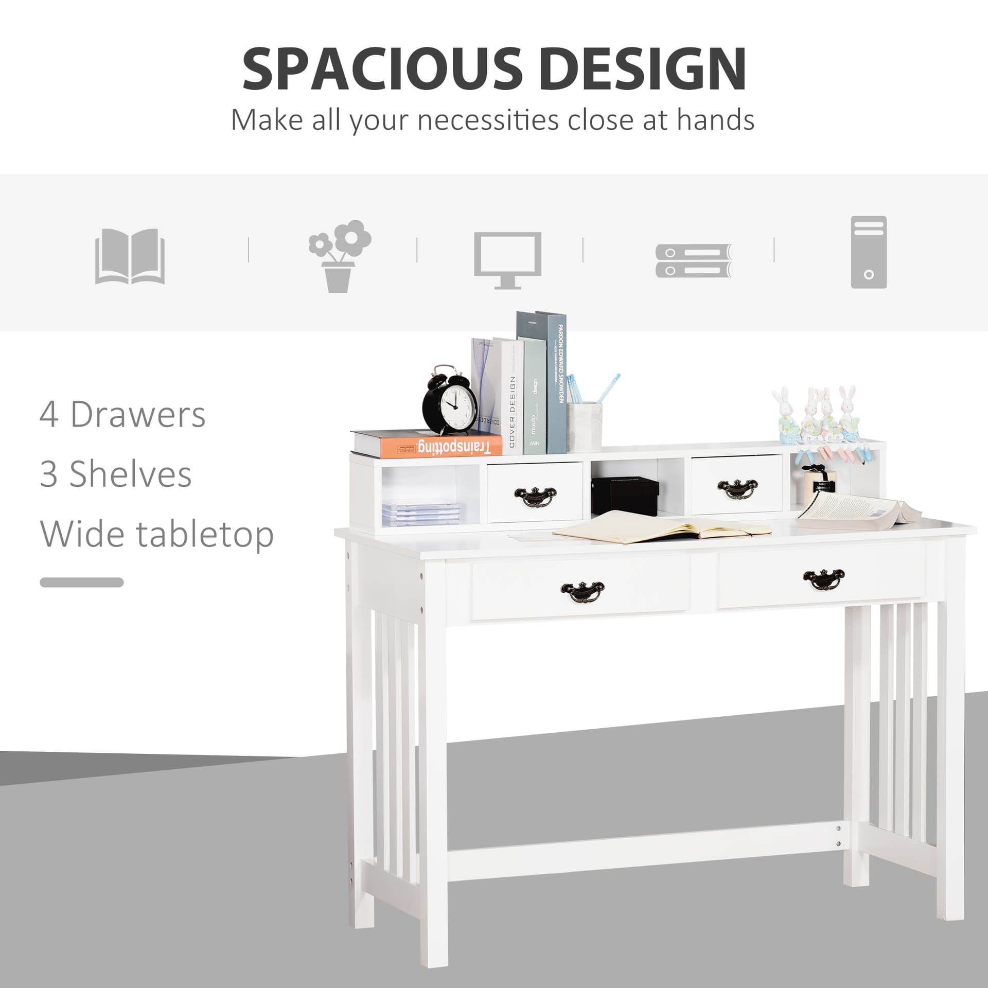 HOMCOM Study Writing Desk Computer Table Workstation with Removable Shelf 2 Drawers Wide Tabletop for Study Office Dorm White - Desks - Office Furniture