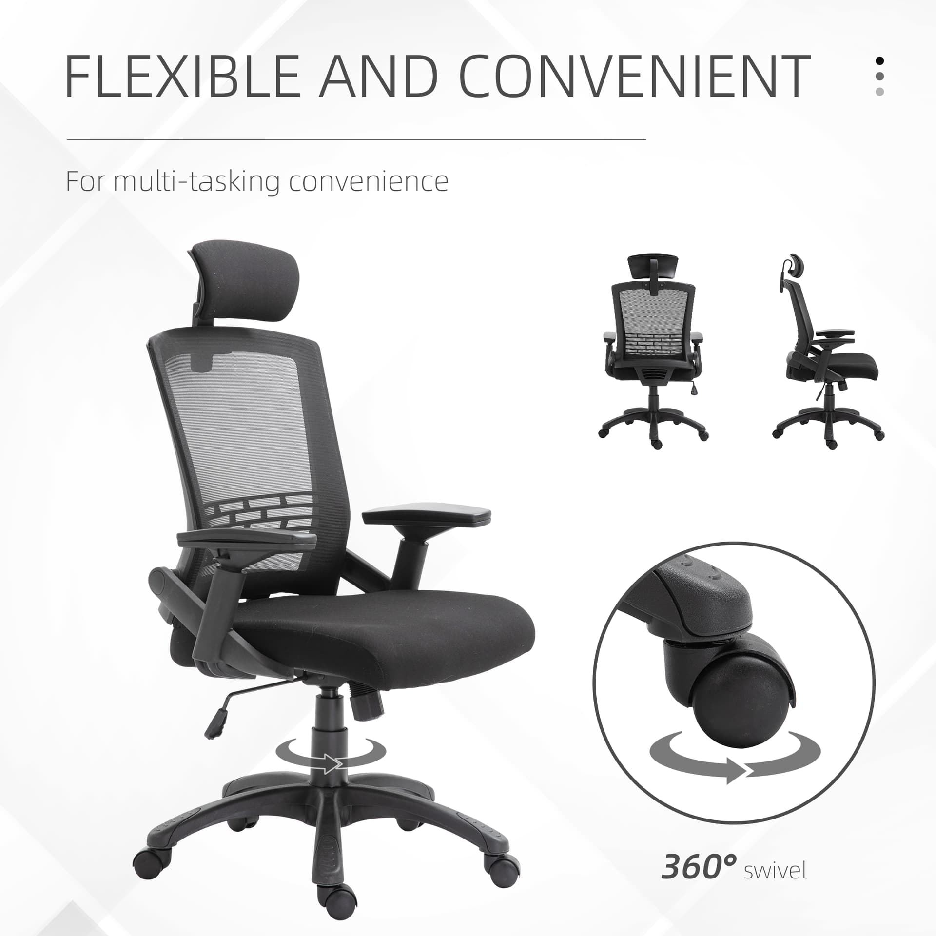 Vinsetto Office Chair Comfortable Mesh Task High Back Adjustable 360° Rotating Seat with Headrest and Armrest Black - Office Chairs - Office Furniture