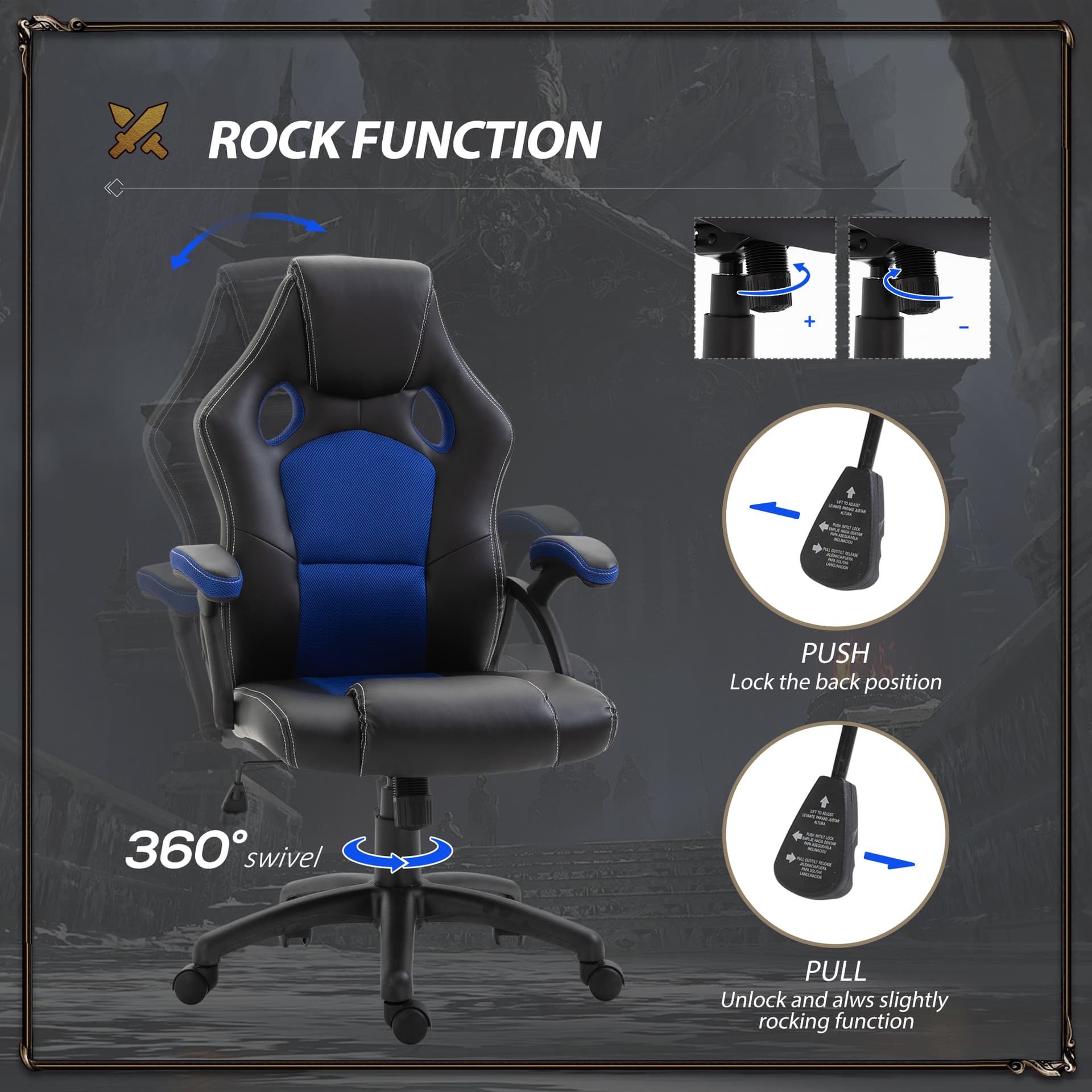 Vinsetto 360° Swivel Office Chair Adjustable Height PU Leather E-sports Rocker Racing Chair  Blue - Office Chairs - Office Furniture
