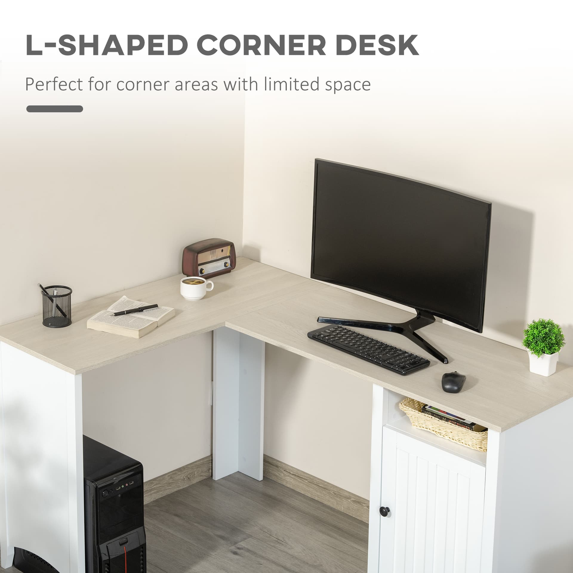 HOMCOM L-Shaped Computer Desk with Shelf and Storage Cabinet, Corner Writing Desk, Home Office Workstation, Natural Wood and White - Office Products - Office Furniture