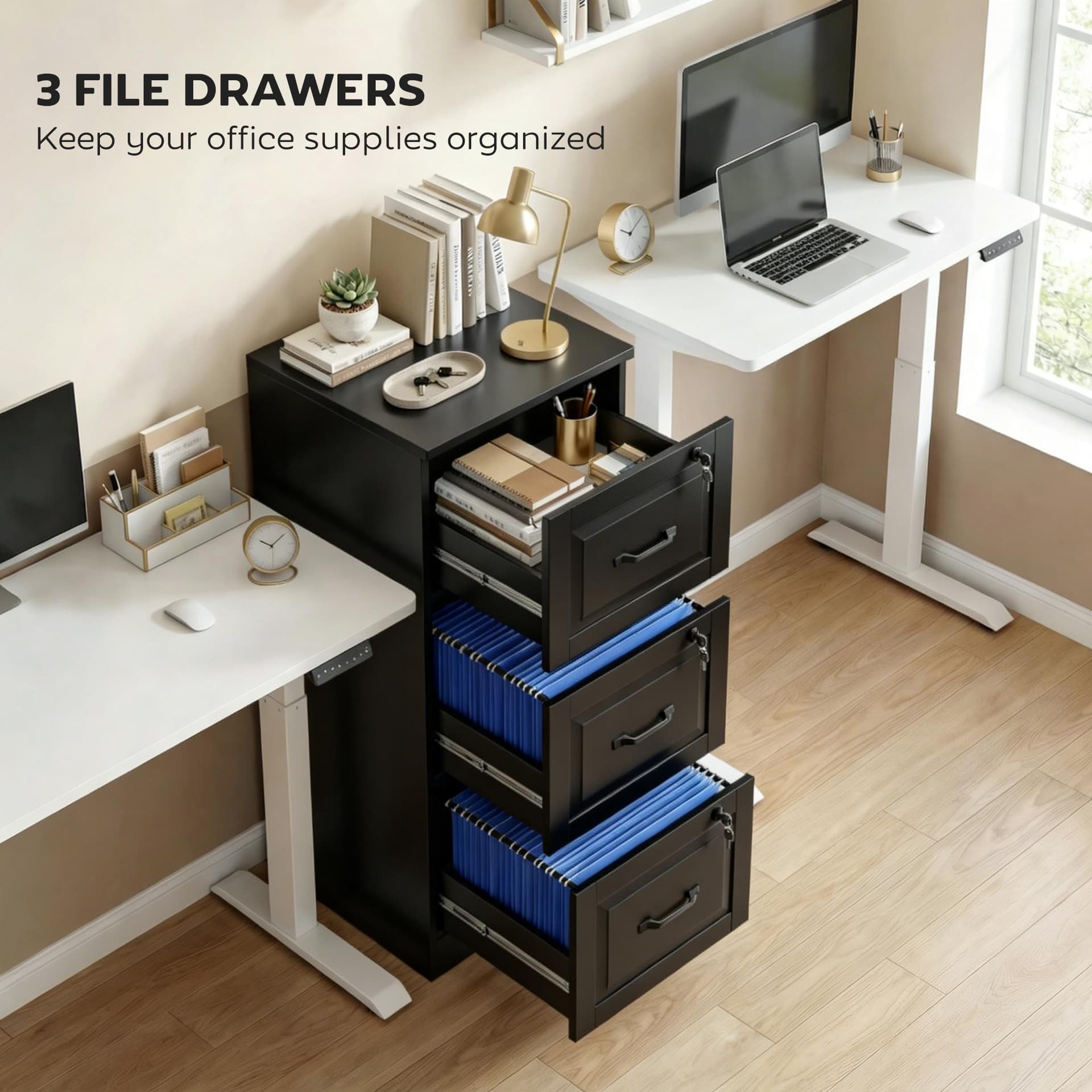 3 Drawer File Cabinet with Lock, Vertical Filing Cabinet with Adjustable Hanging Bars for A4 and Letter Size, Black - Office Cabinets & Cupboards - Office Furniture