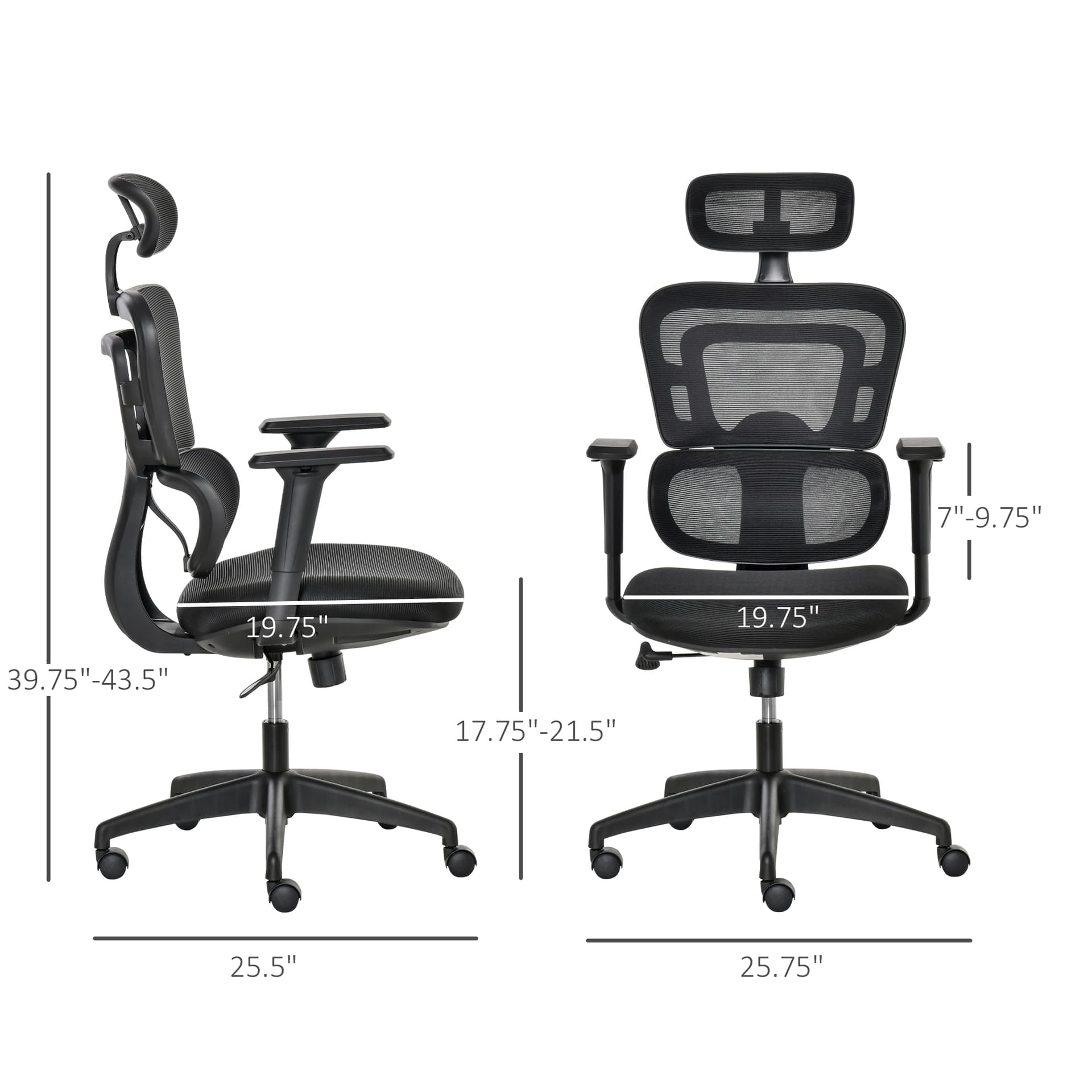 Vinsetto Mesh Office Chair, Ergonomic High Back Swivel Desk Chair with Adjustable Height, Armrest, Lumbar Support and Headrest, Black - Desks - Office Furniture
