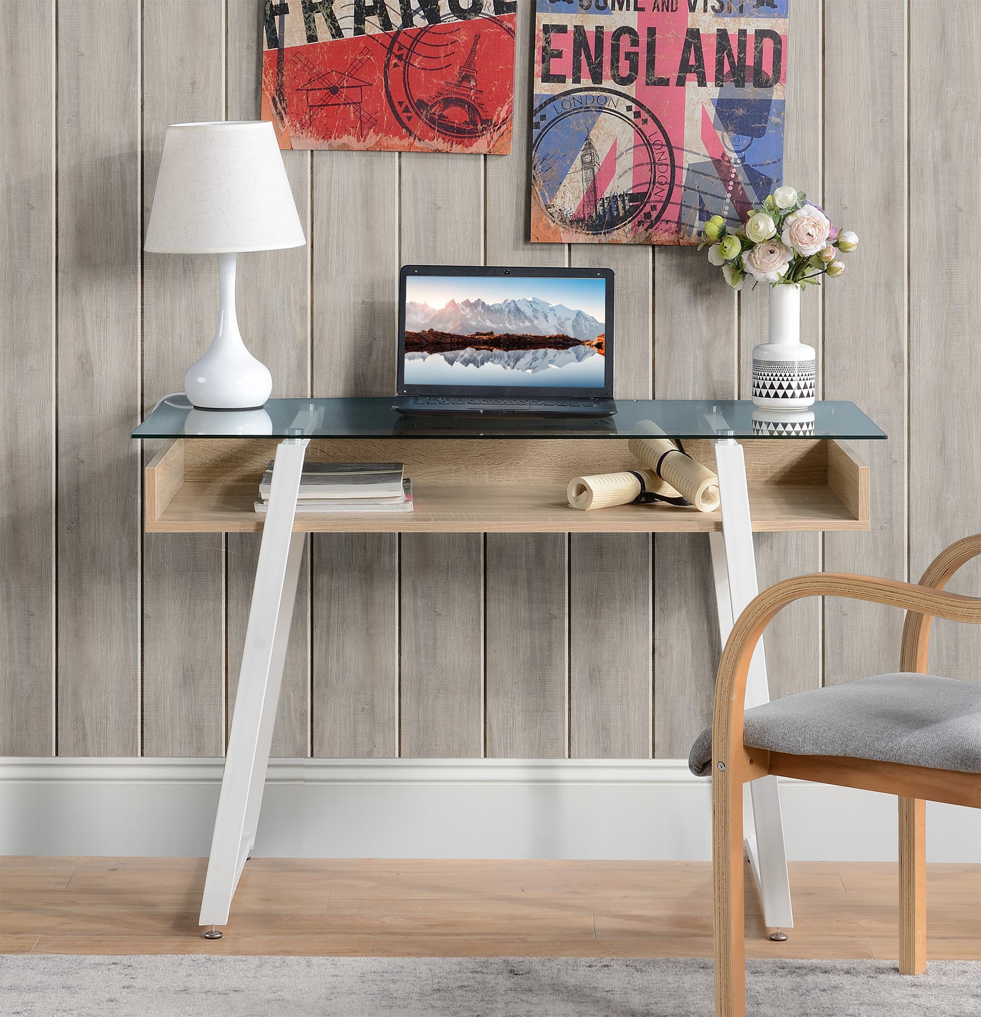 HOMCOM Computer Desk Workstation Center Writing Laptop Table Glass Top for Home Office - Desks - Office Furniture