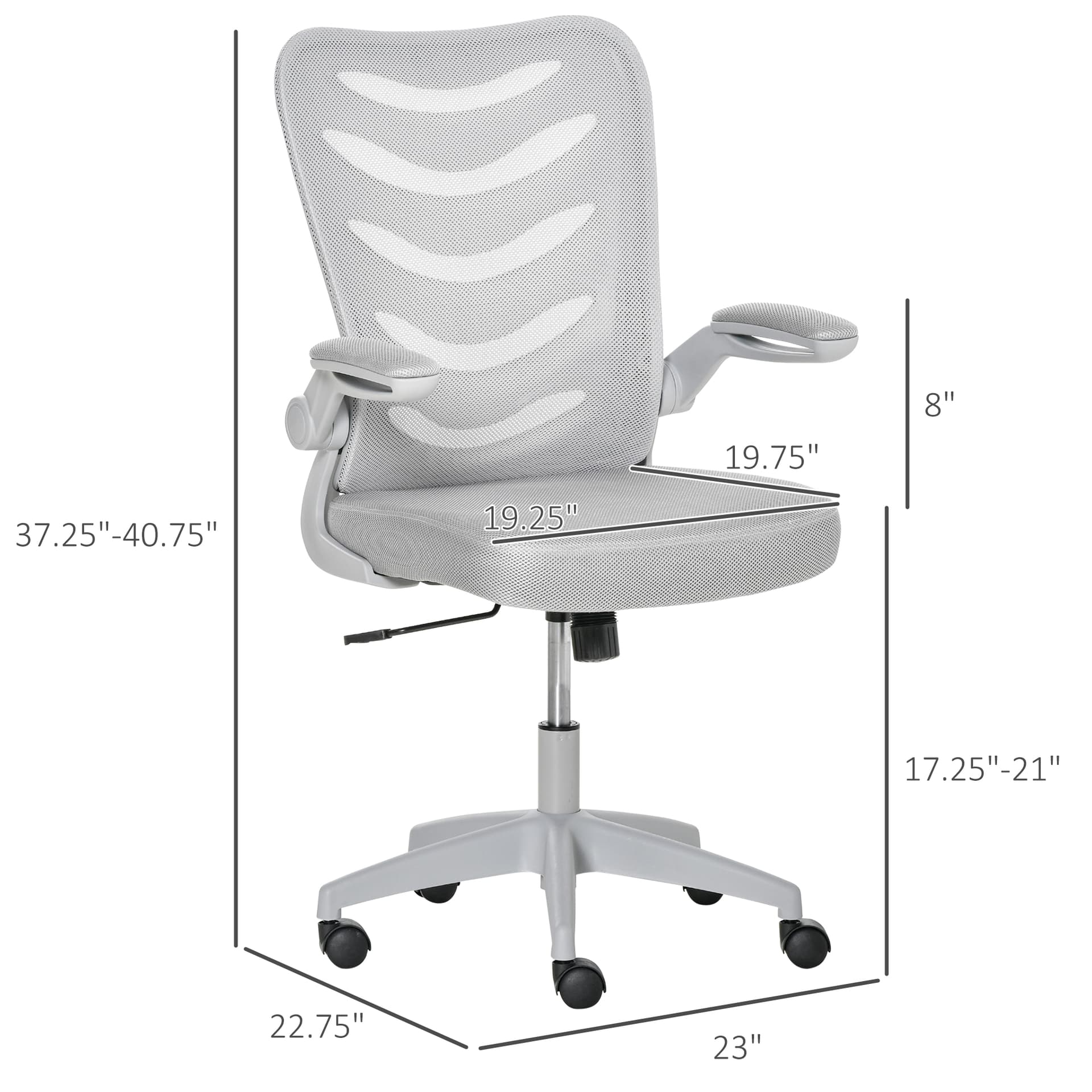 Vinsetto Mesh Home Office Chair Mid Back Task Desk Chair with Lumbar Back Support, Flip-Up Arm, Adjustable Height, Grey - Desks - Office Furniture