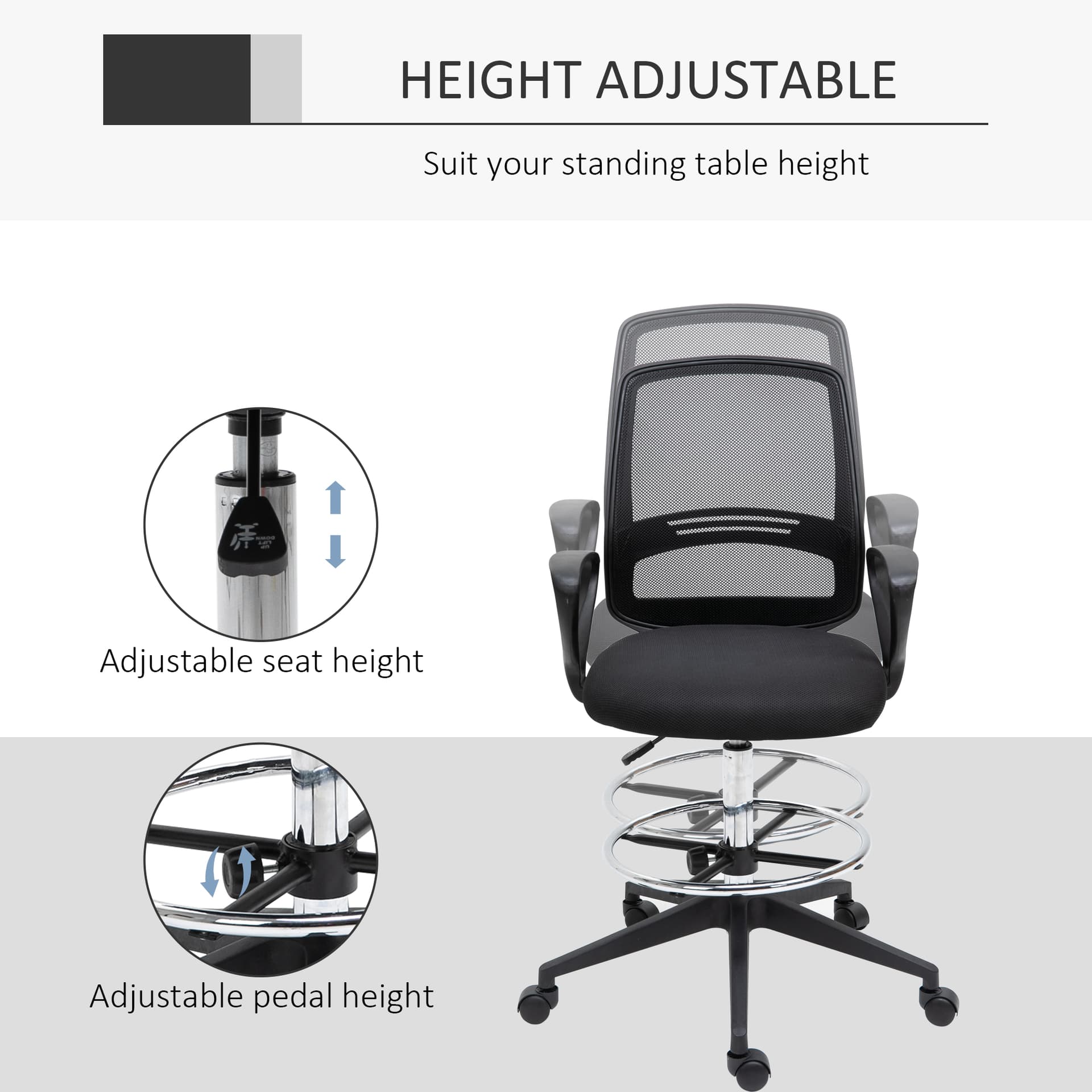 Vinsetto Tall Office Chair 360°  Swivel Drafting Chair Ergonomic Mesh Back with Adjustable Height and Footrest - Office Chairs - Office Furniture