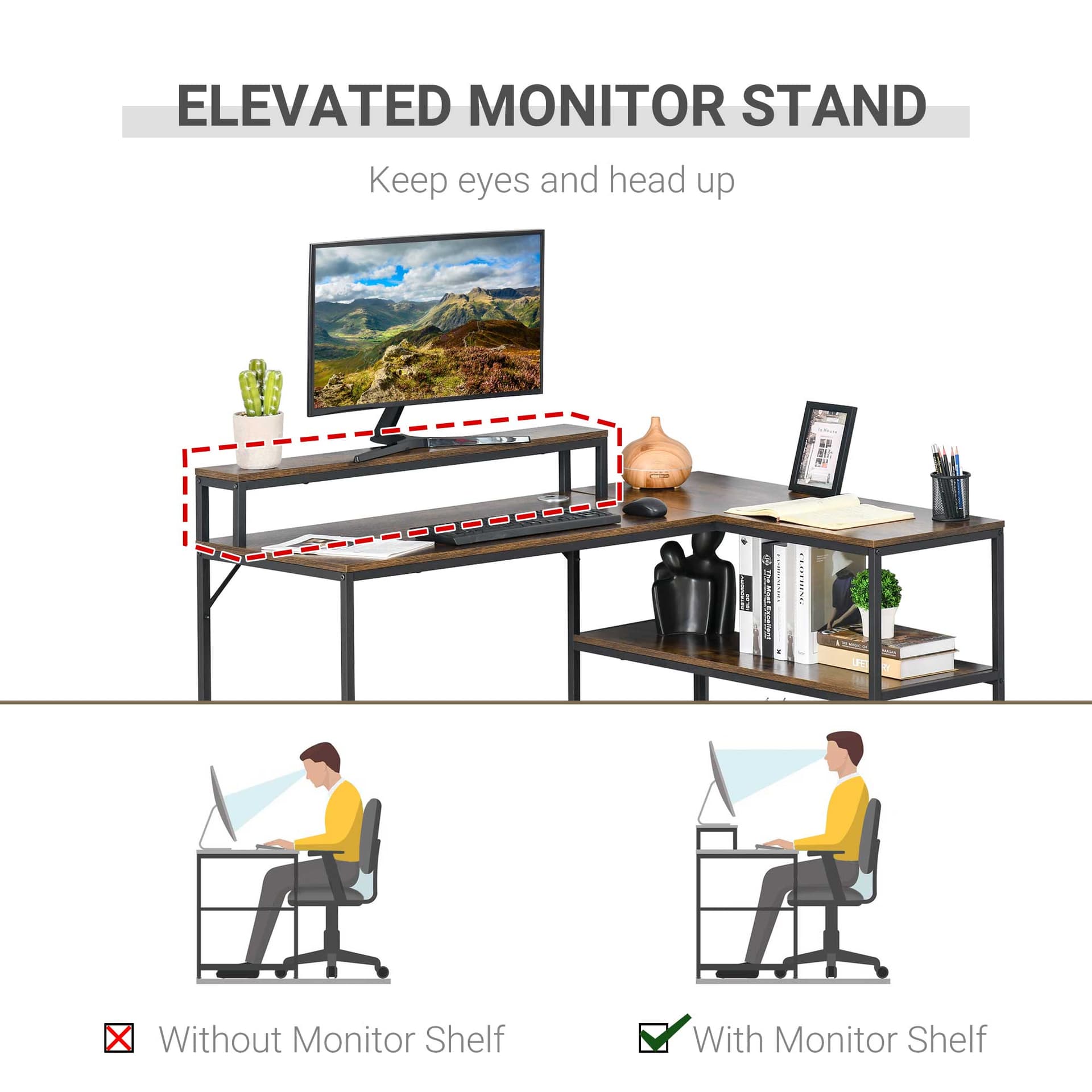 HOMCOM L-Shaped Computer Desk Home Office Corner Desk Study Workstation Table with Storage Shelves Cable Grommet, Rustic Brown - Desks - Office Furniture