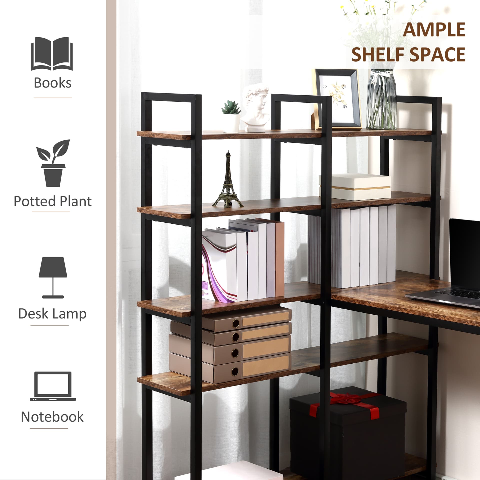 HOMCOM L-Shaped Desk with 5 Tier Bookshelf, Computer Writing Table with Metal Frame, Space-Saving for Home Office, Rustic Brown - Desks - Office Furniture