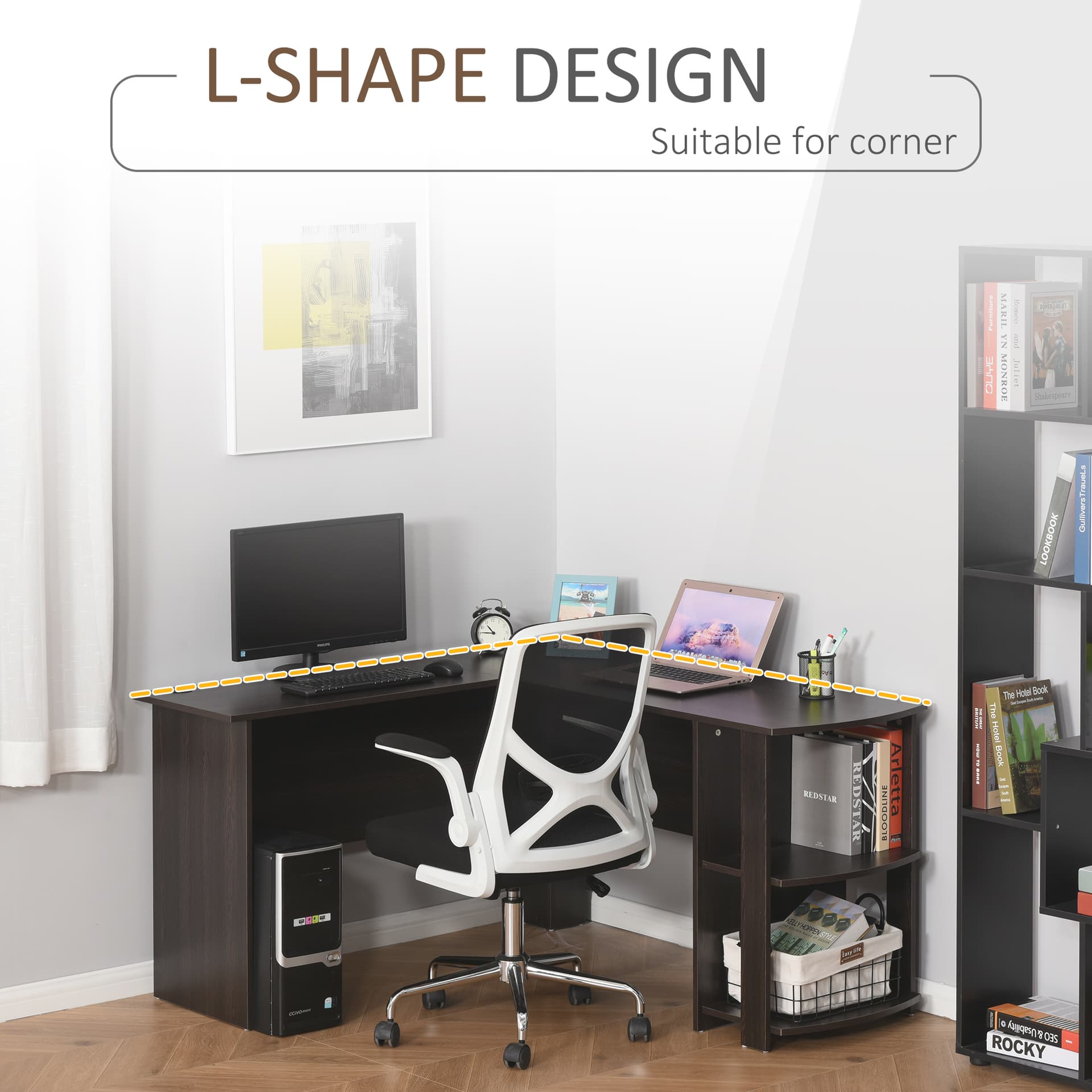 HOMCOM L-Shaped Desk, Computer Corner Desk, PC Table with 2 Storage Shelves, Home Office Workstation, Brown - Desks - Office Furniture