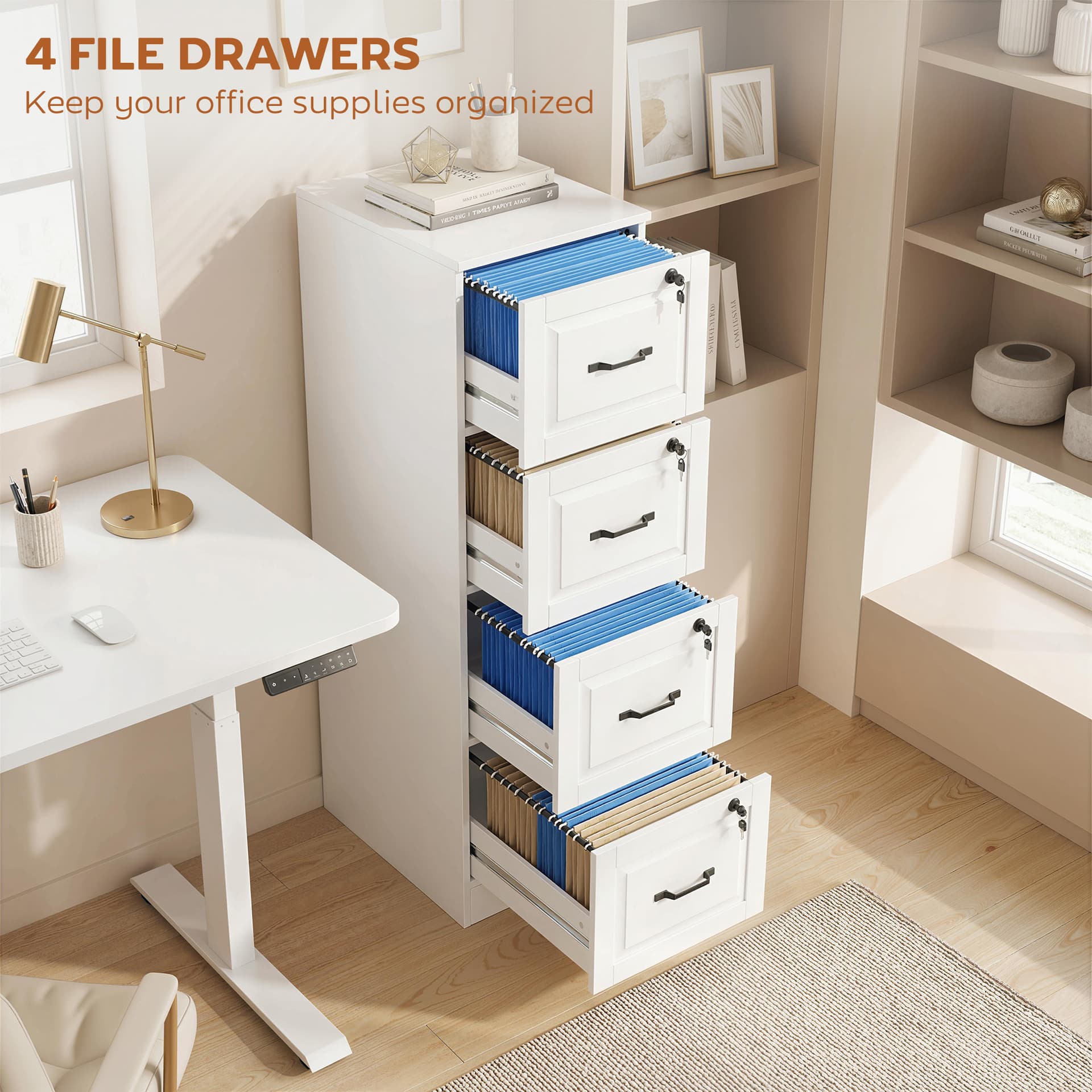 4 Drawer File Cabinet with Lock, Vertical Filing Cabinet with Adjustable Hanging Bars for A4 and Letter Size, White - Office Cabinets & Cupboards - Office Furniture