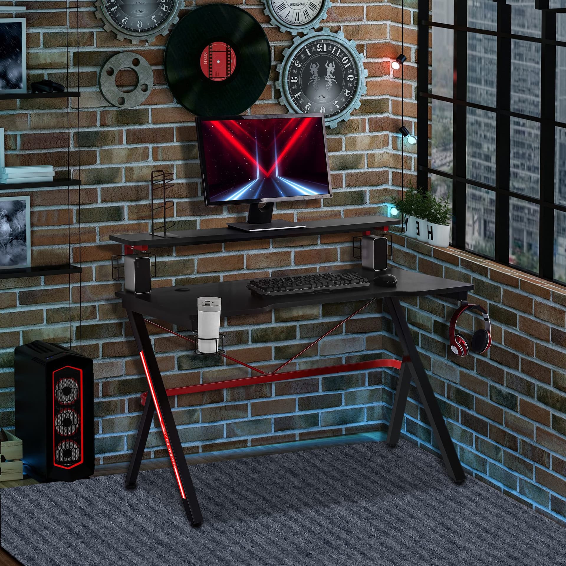 HOMCOM Gaming Desk Computer Table Racing Style for Home PC Workstation with Rotatable Cup Holder Gamepad Holder Speaker Stand Headphone Hook Wire Port 47.25" x 23.5" x 38.25" Black - Office Products - Office Furniture