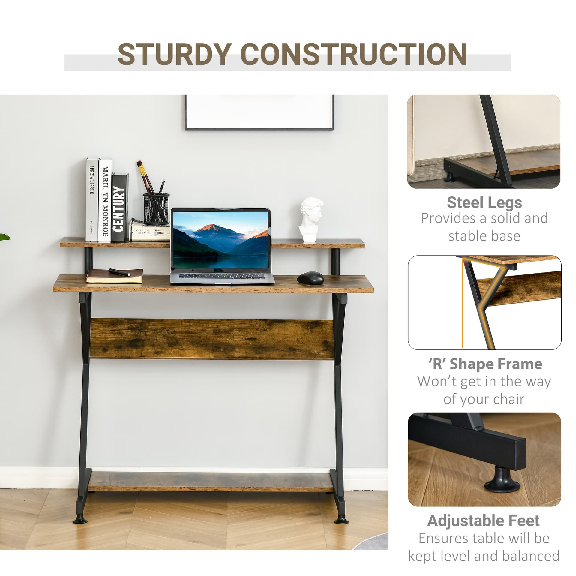 HOMCOM 39" Compact Computer Desk, Industrial Z-Shaped Writing Desk with Monitor Shelf and Storage, Workstation for Home Office - Desks - Office Furniture