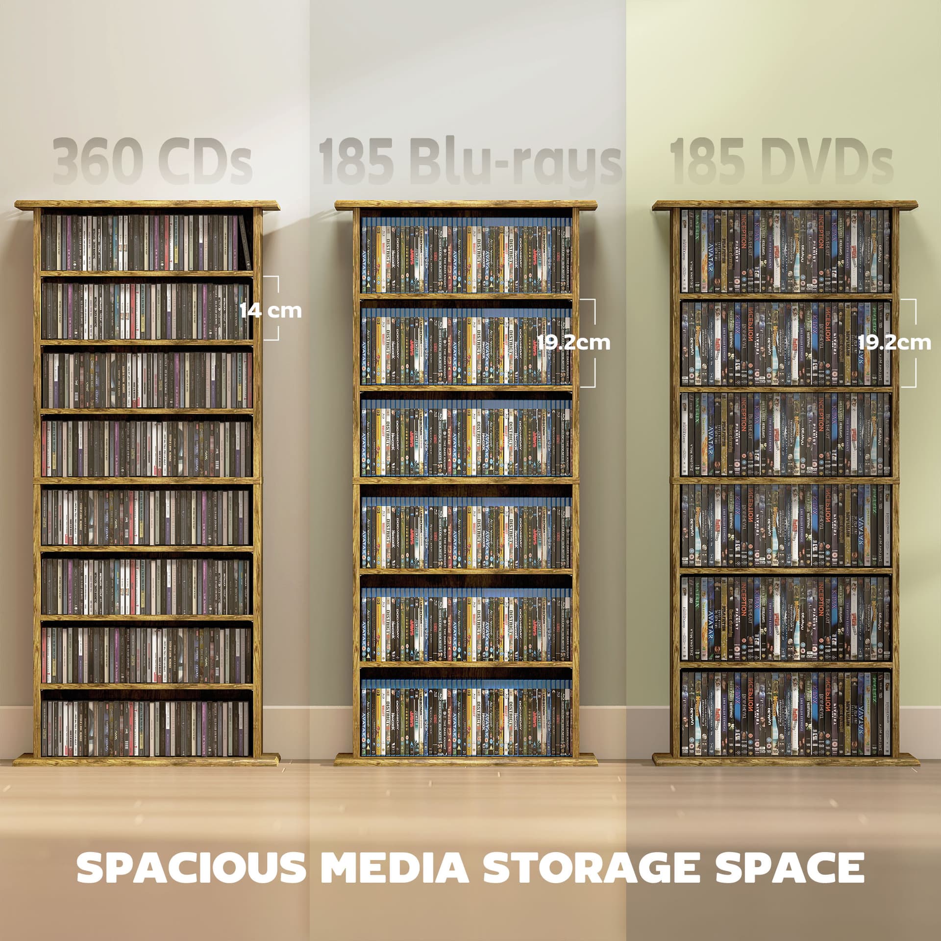 8-Tier DVD Shelf with 6 Adjustable Shelves, Slim CD Shelf, Holds 360 CDs, 185 DVDs or 185 Blu-rays, Rustic Brown - Office Supplies - Office Furniture