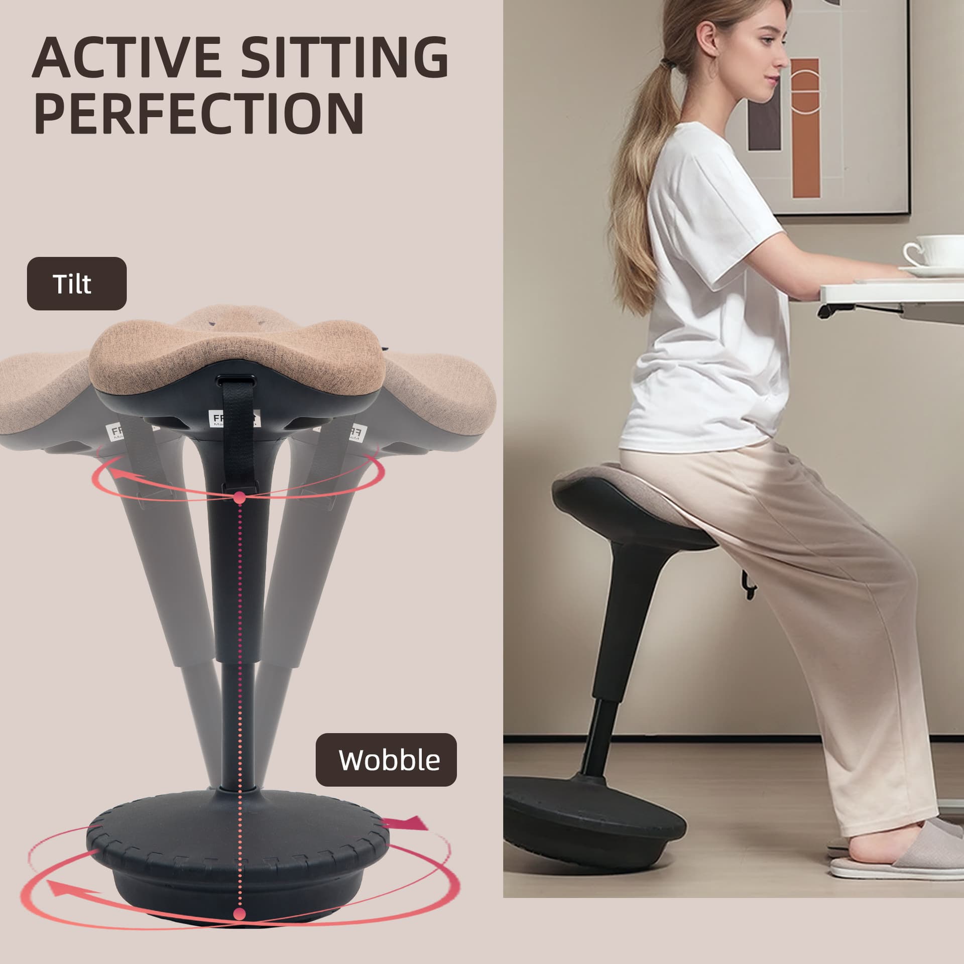 Swivel Standing Desk Chair, Adjustable Active Ergonomic Standing Stool, Backless Wobble Stool Chair, Brown - Office Chairs - Office Furniture