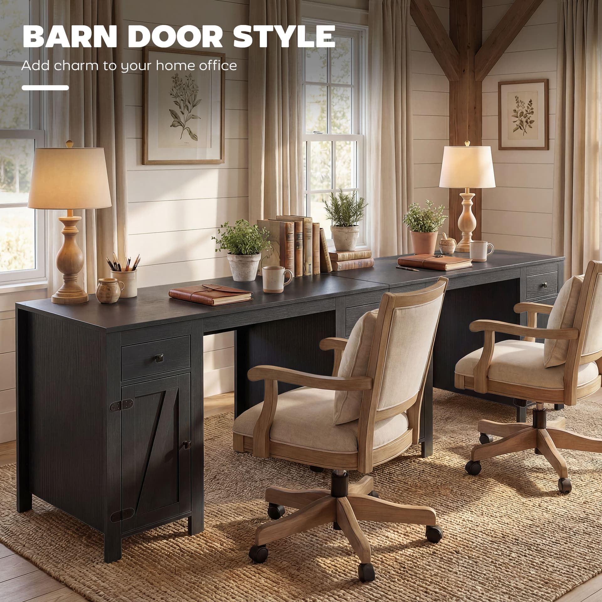 53" Farmhouse Executive Desk, Computer Desk with Drawers and 2 Cabinets, Study Table for Home Office, Black Wood Grain - Writing Desks - Office Furniture