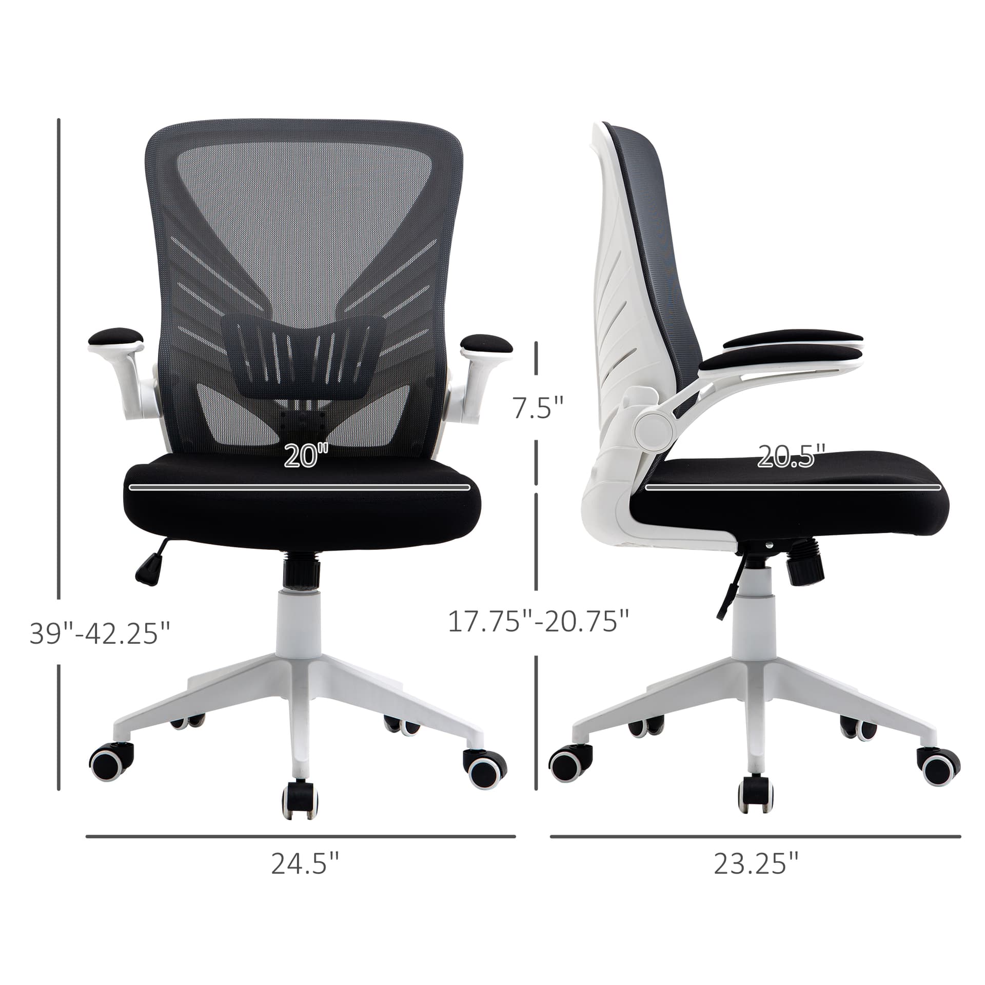Vinsetto Mesh Office Chair Swivel Task Desk Chair with Lumbar Back Support, Flip-Up Arm, Adjustable Height, Grey Black - Desks - Office Furniture
