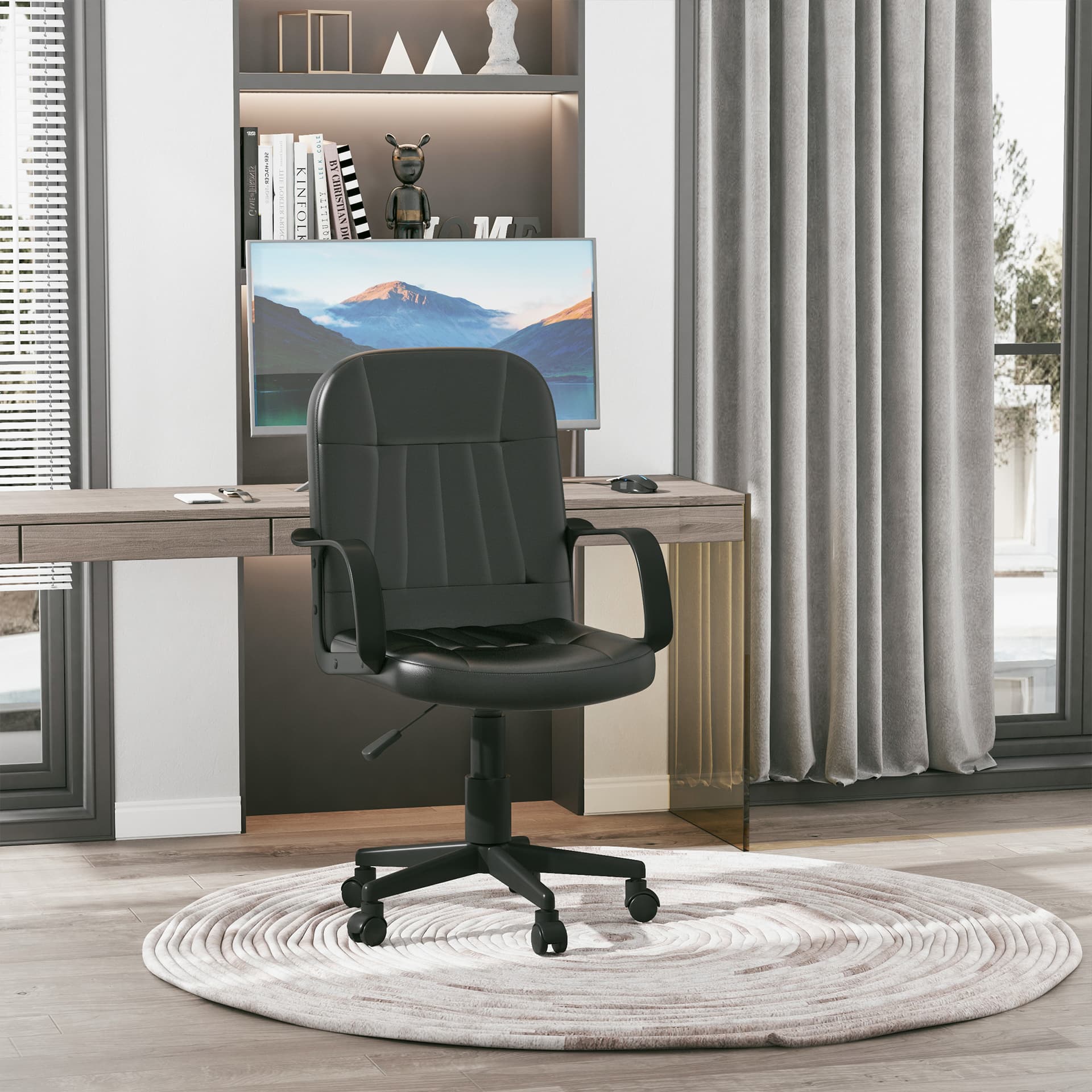 HOMCOM Desk Office Chair PU Leather Mid-Back Swivel Computer PC Adjustable Height Black - Desks - Office Furniture