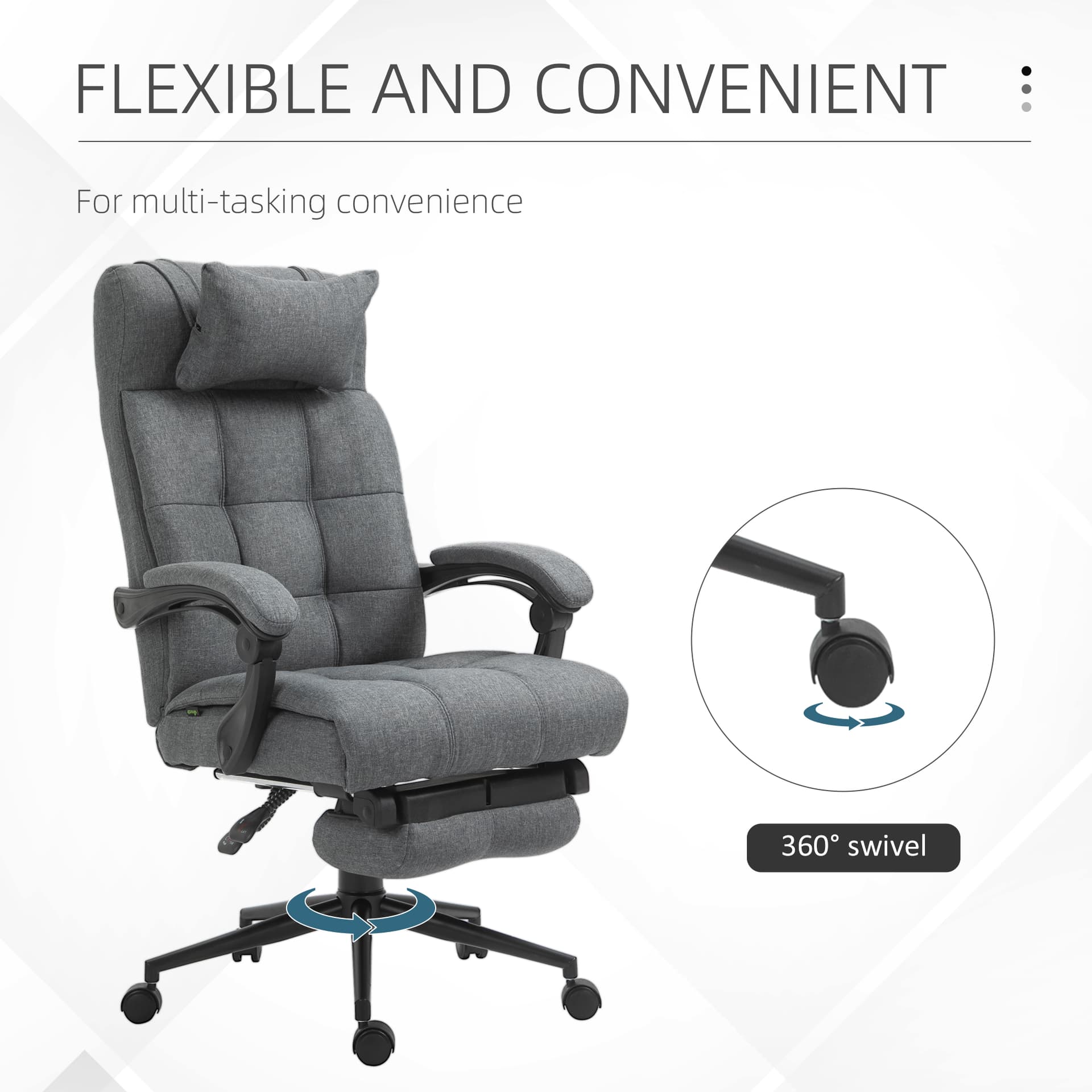Vinsetto Office Chair Fabric High Back Swivel Task Chair with Footrest, Headrest and Padded Armrest, Deep Grey - Office Chairs - Office Furniture
