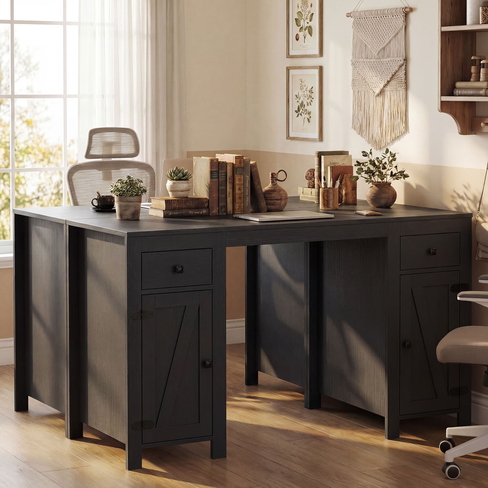 53" Farmhouse Executive Desk, Computer Desk with Drawers and 2 Cabinets, Study Table for Home Office, Black Wood Grain - Writing Desks - Office Furniture