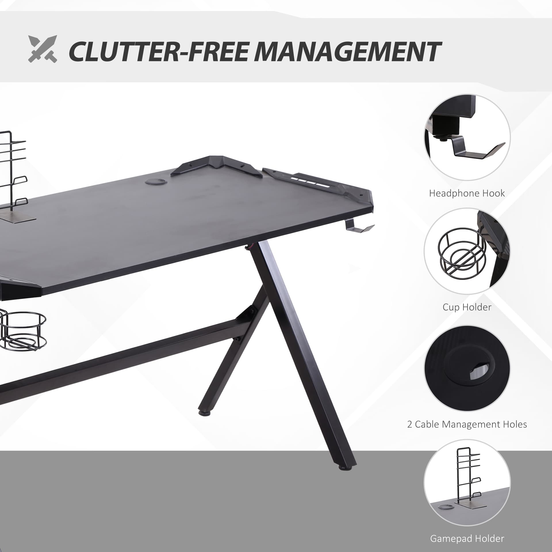 HOMCOM 47.25" Gaming Desk Racing Style Computer Table with LED Light Cup Gamepad Holder Headphone Hook Cable Management E-sport Study Workstation, Black - Office Products - Office Furniture