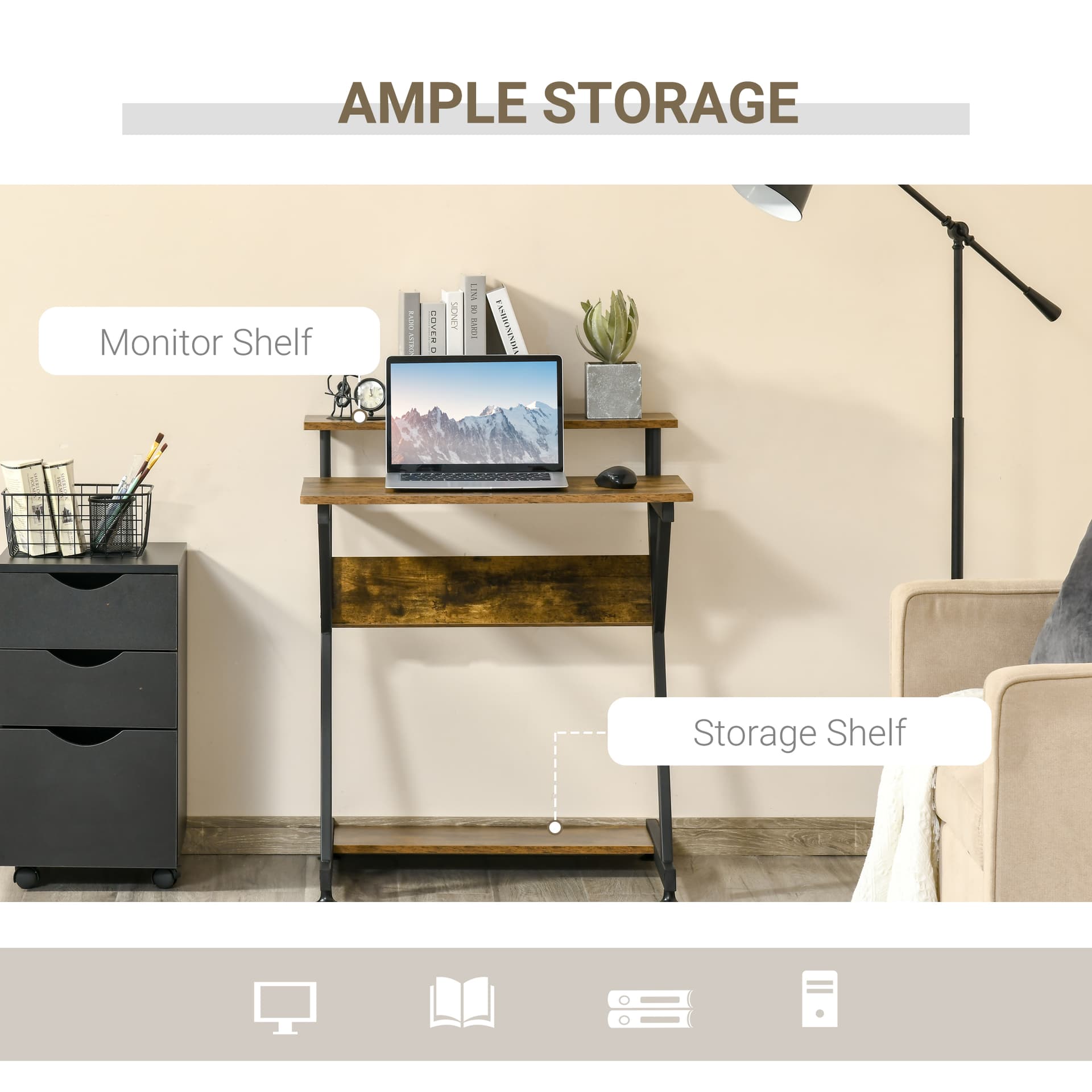 HOMCOM 28" Compact Computer Desk, Industrial Z-Shaped Writing Desk with Monitor Shelf and Storage, Workstation for Home Office - Desks - Office Furniture
