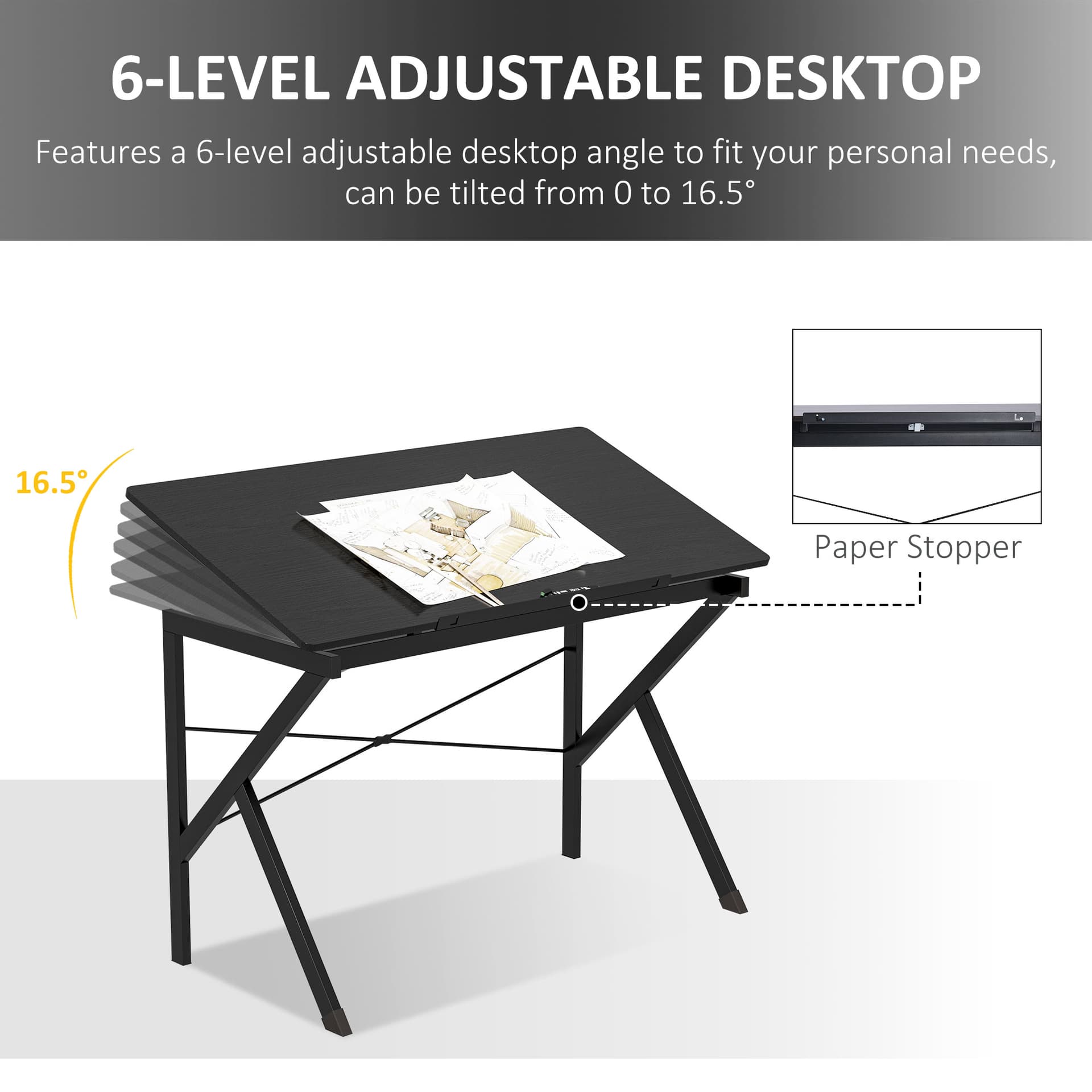 HOMCOM Height Adjustable Drawing and Drafting Table Tiltable Tabletop Black - Office Products - Office Furniture