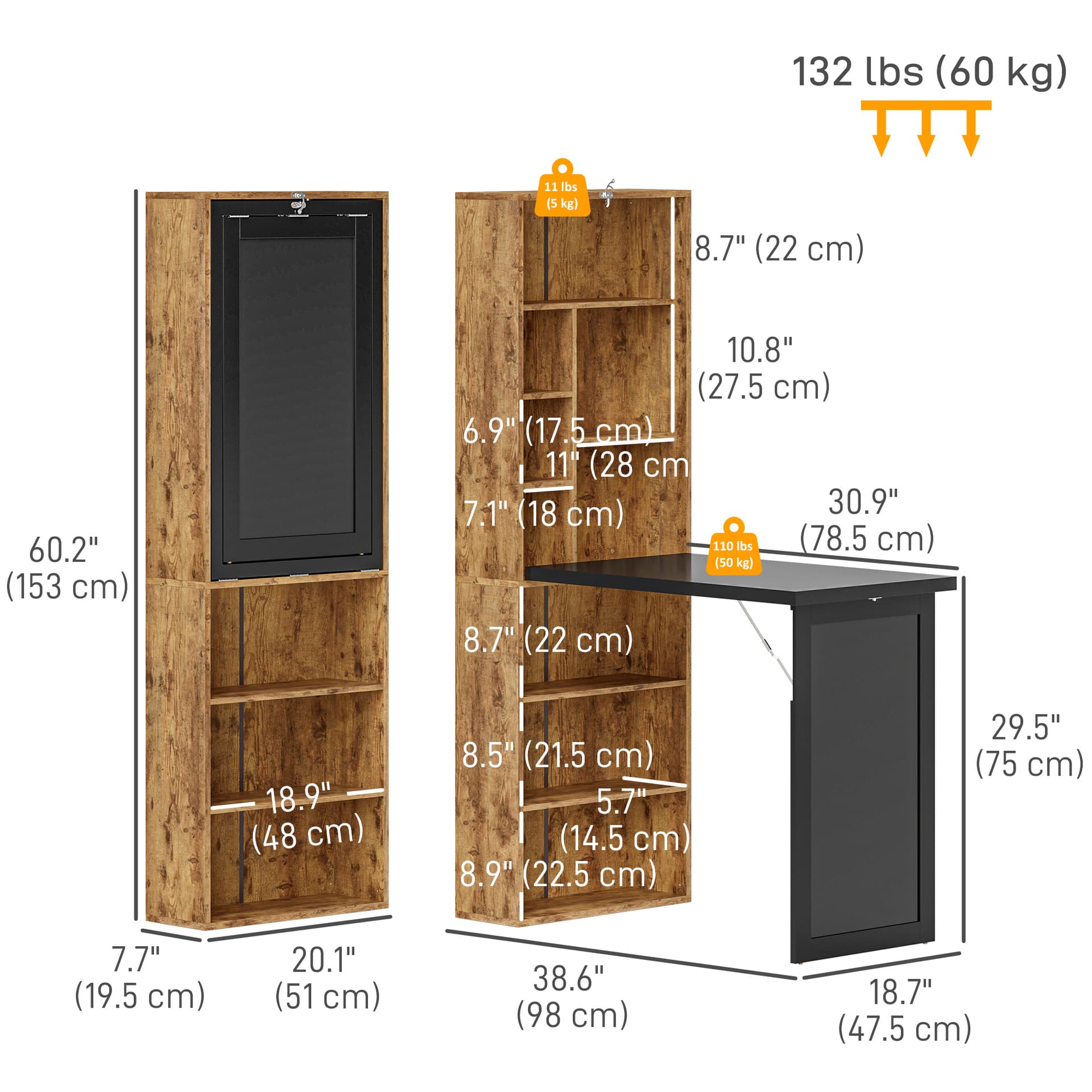 Fold-out Convertible Office Desk, Wall Mount Computer Desk with Blackboard and Side Shelf, Rustic Brown - Computer Desks - Office Furniture