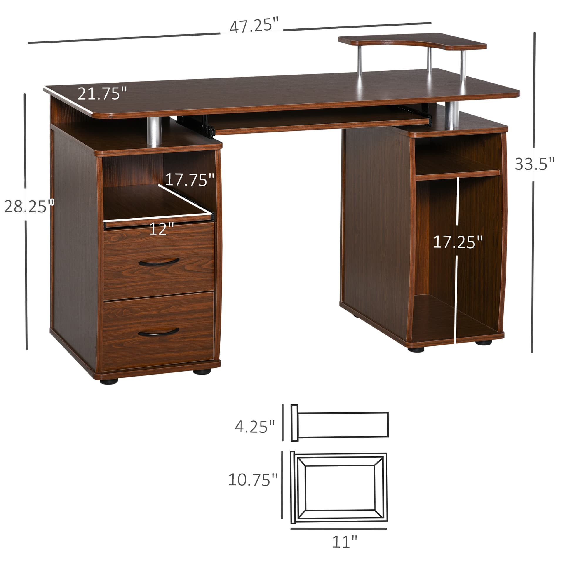 HOMCOM Computer Desk with Keyboard Tray, CPU Stand, Writing Desk with Drawers, Workstation for Home Office, Walnut Brown - Desks - Office Furniture