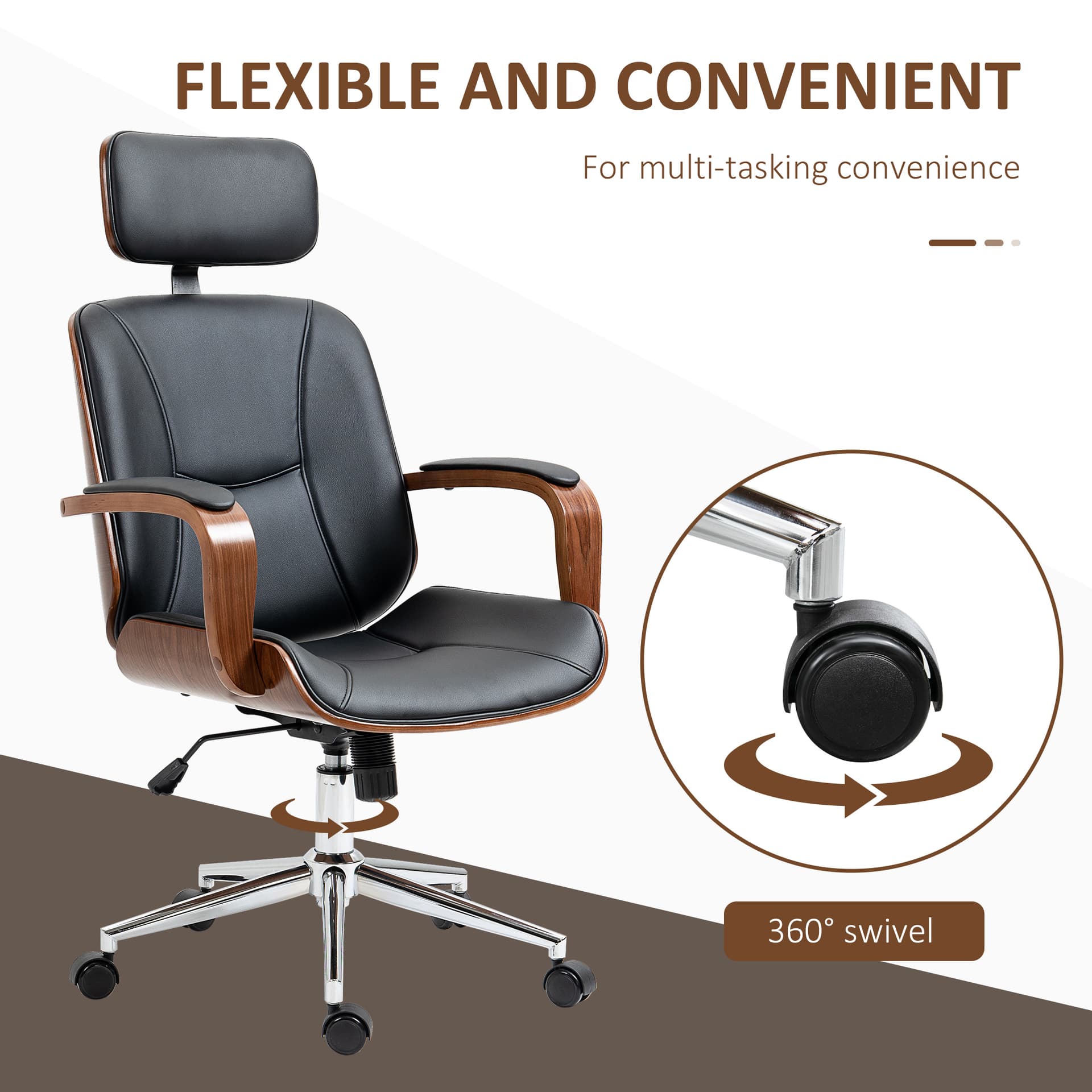 Office Chair, PU Leather Desk Chair with Removable Headrest, Adjustable Height, Tilt Function and with Wheels, Black - Office Chairs - Office Furniture