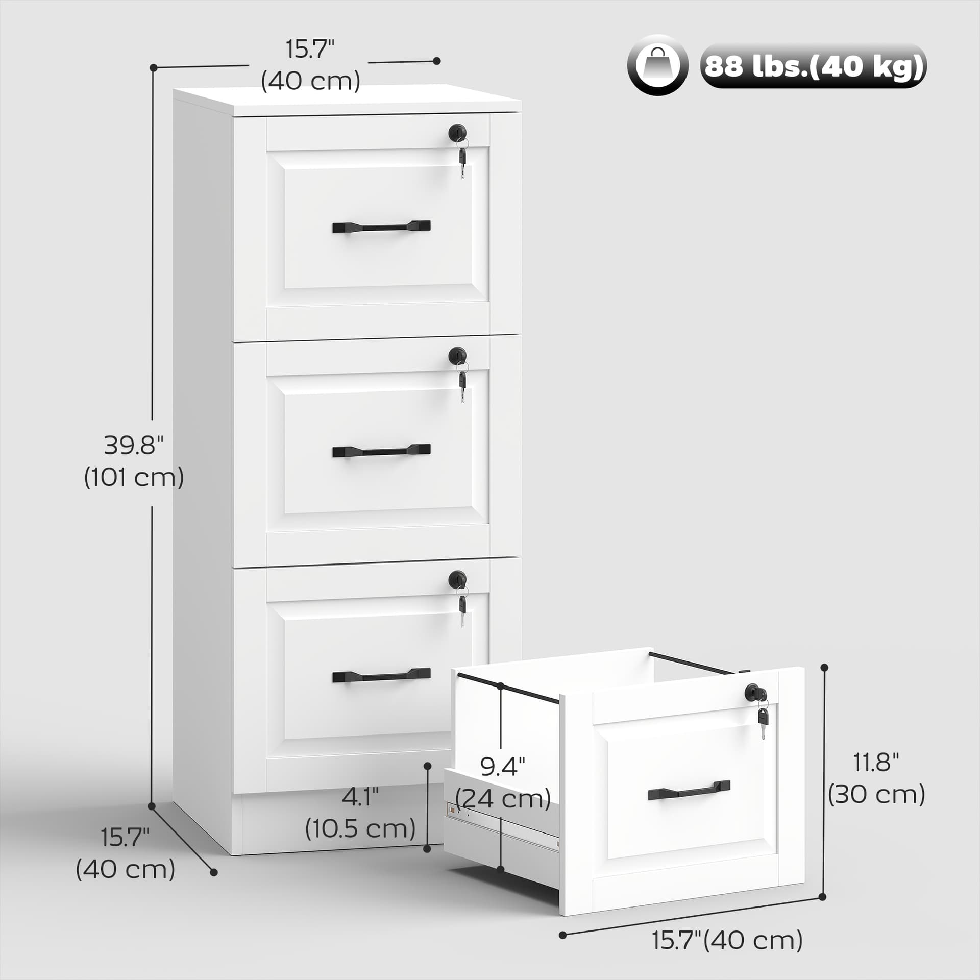 3 Drawer File Cabinet with Lock, Vertical Filing Cabinet with Adjustable Hanging Bars for A4 and Letter Size, White - Office Cabinets & Cupboards - Office Furniture