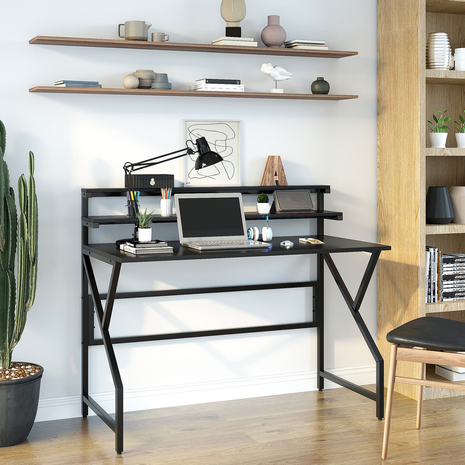 HOMCOM Modern Computer Desk, 47" Writing Desk with Elevate Shelves for Home Office, Black - Desks - Office Furniture