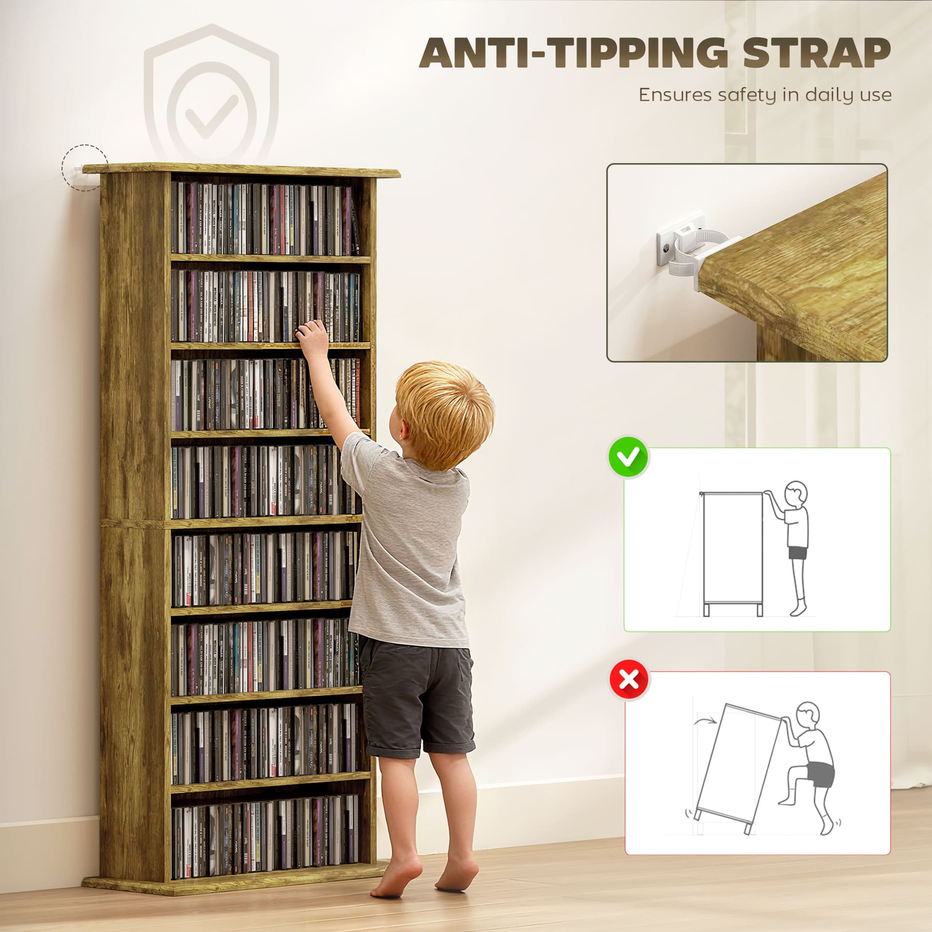 8-Tier DVD Shelf with 6 Adjustable Shelves, Slim CD Shelf, Holds 360 CDs, 185 DVDs or 185 Blu-rays, Rustic Brown - Office Supplies - Office Furniture