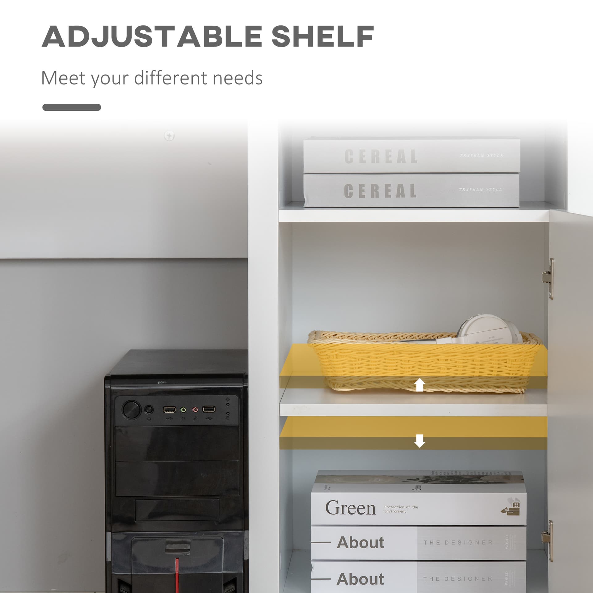 HOMCOM L-Shaped Computer Desk with Shelf and Storage Cabinet, Corner Writing Desk, Home Office Workstation, Natural Wood and White - Office Products - Office Furniture