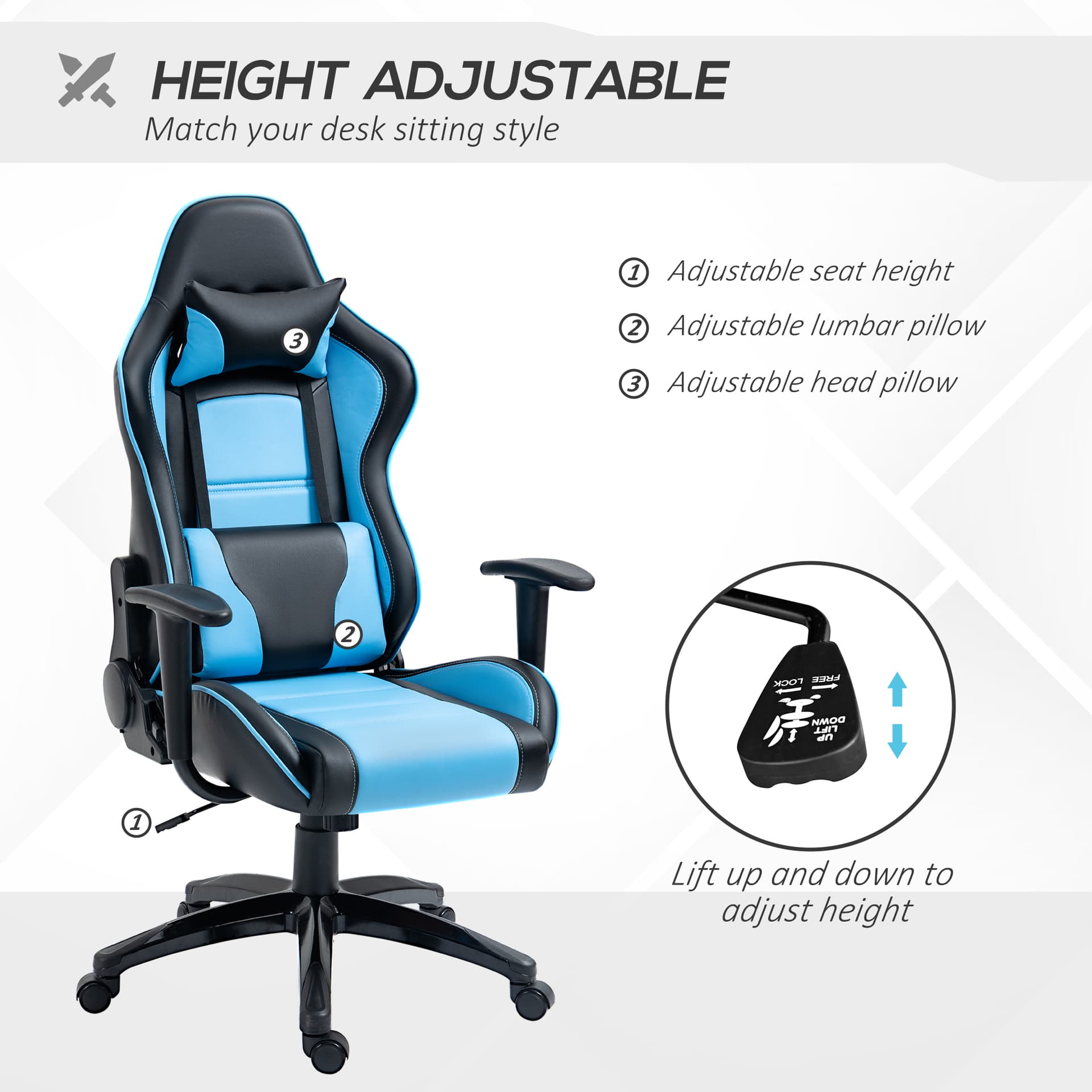 Vinsetto Ergonomic Gaming Chair High Back Racing Computer Chair 25.5’’W x 21.25’’D x 47.5’’-51.25’’H - Office Chairs - Office Furniture